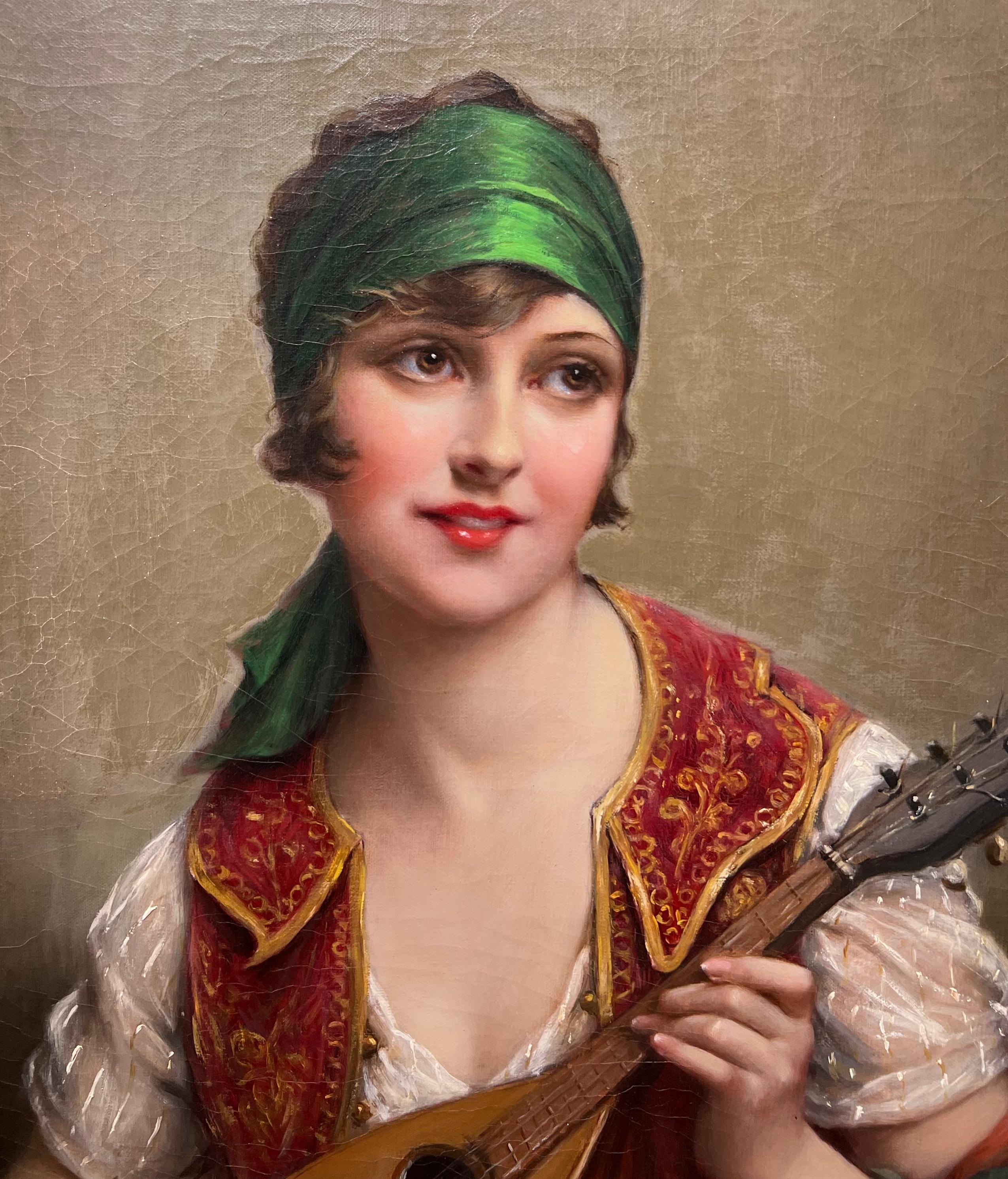 François Martin-Kavel Figurative Painting – Klassisches französisches TURKISH- orientalisches Schönheitsgemälde einer Frau mit Mandolin, Turkin
