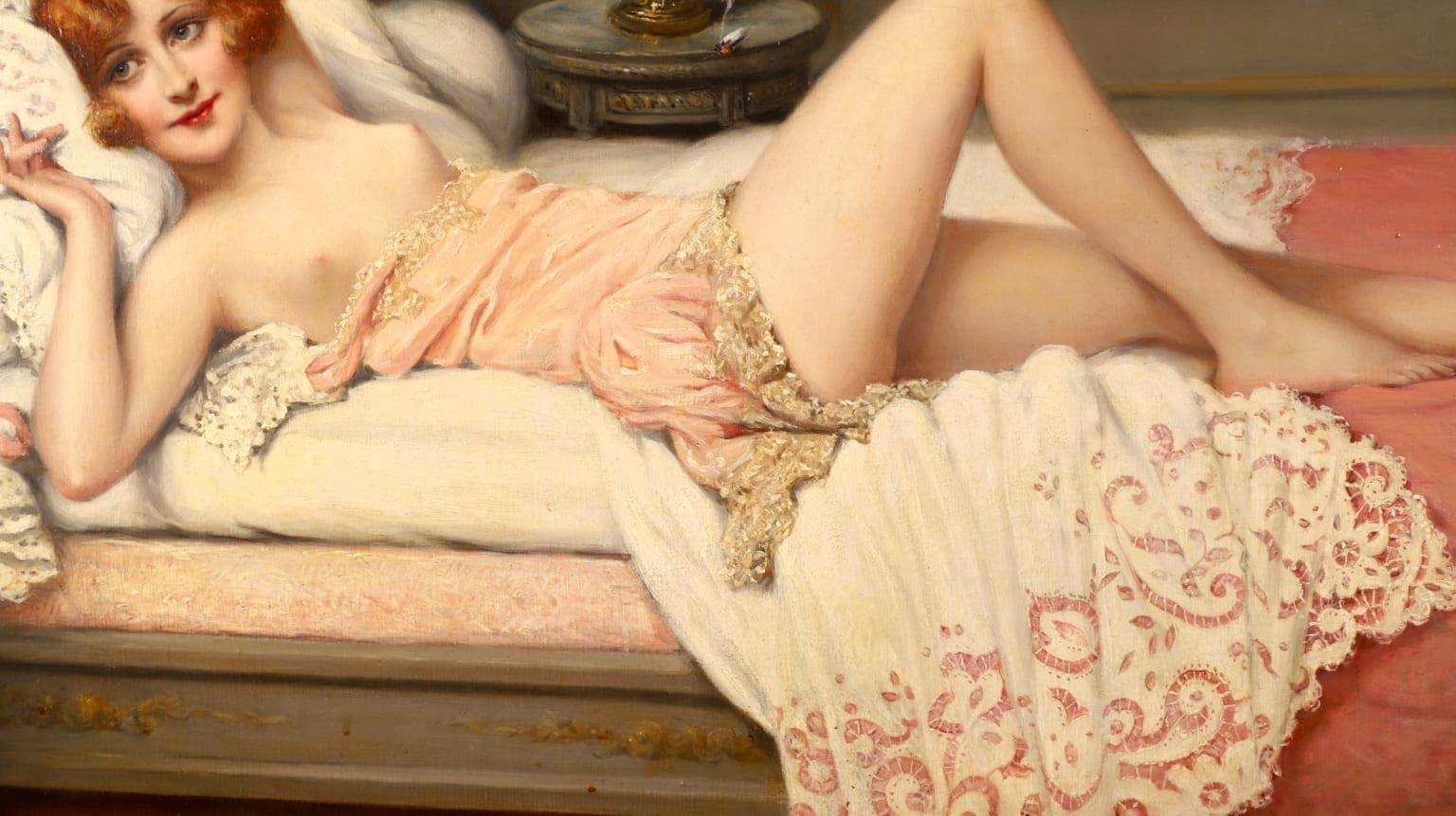 La Sieste - Impressionist Oil, Nude Figure in Interior by Francois Martin-Kavel 3