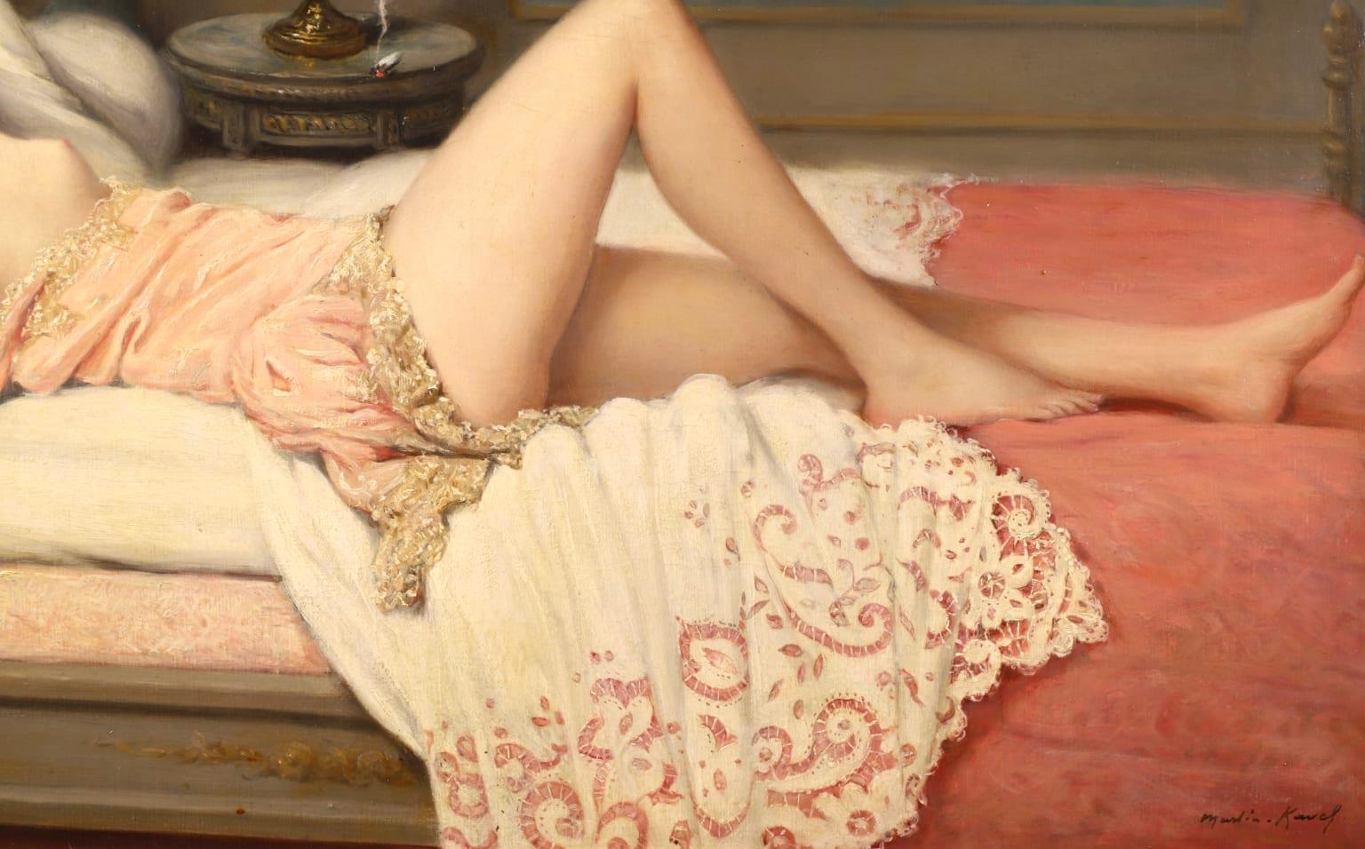 La Sieste - Impressionist Oil, Nude Figure in Interior by Francois Martin-Kavel 4