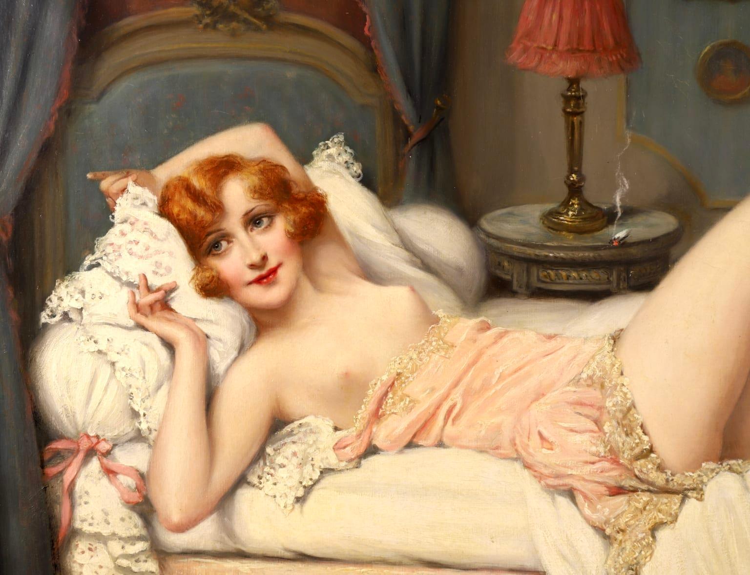 La Sieste - Impressionist Oil, Nude Figure in Interior by Francois Martin-Kavel 1