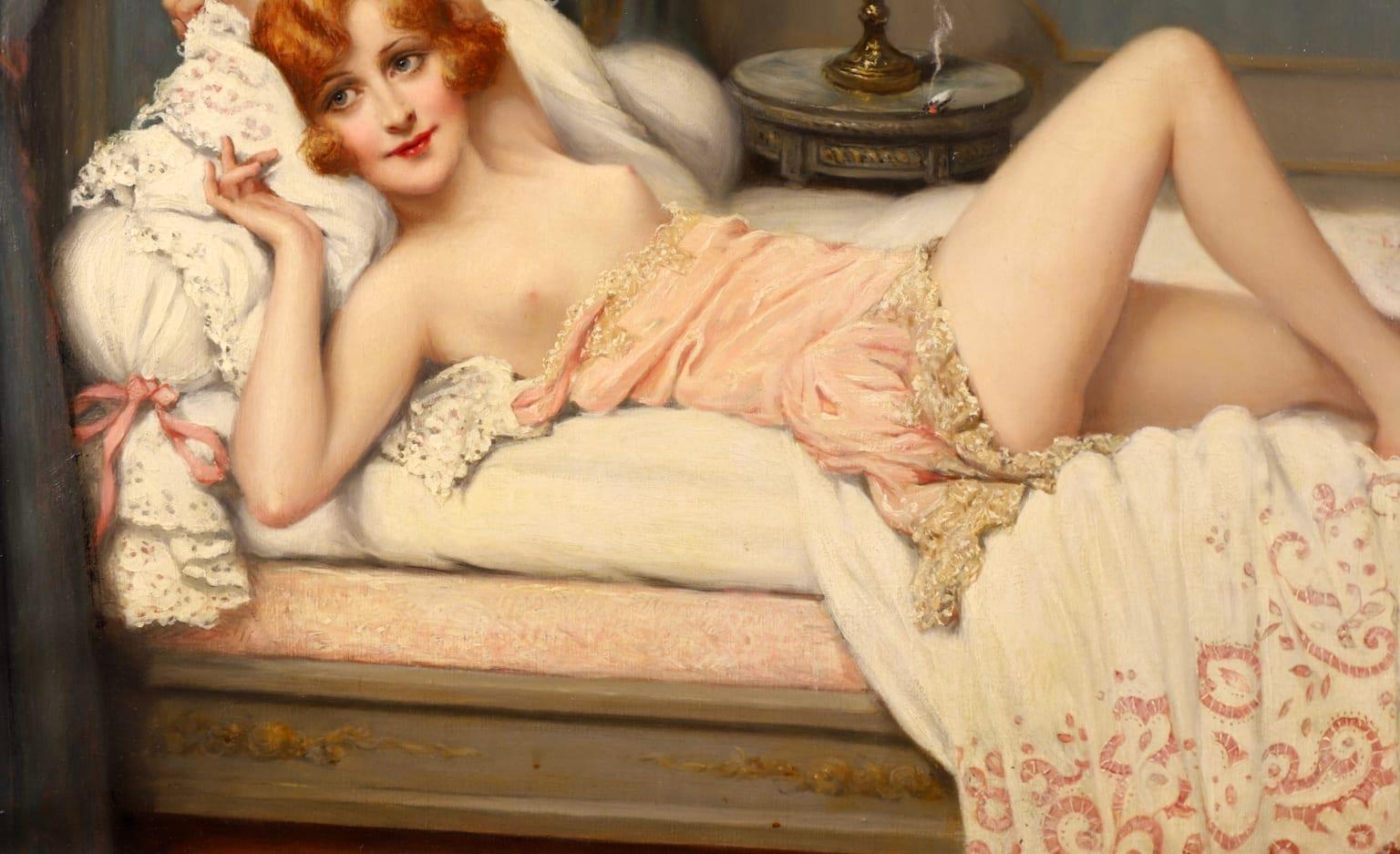 La Sieste - Impressionist Oil, Nude Figure in Interior by Francois Martin-Kavel 2