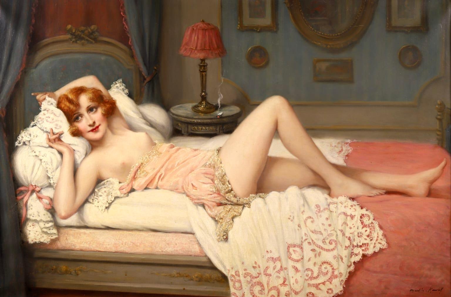 La Sieste - Impressionist Oil, Nude Figure in Interior by Francois Martin-Kavel