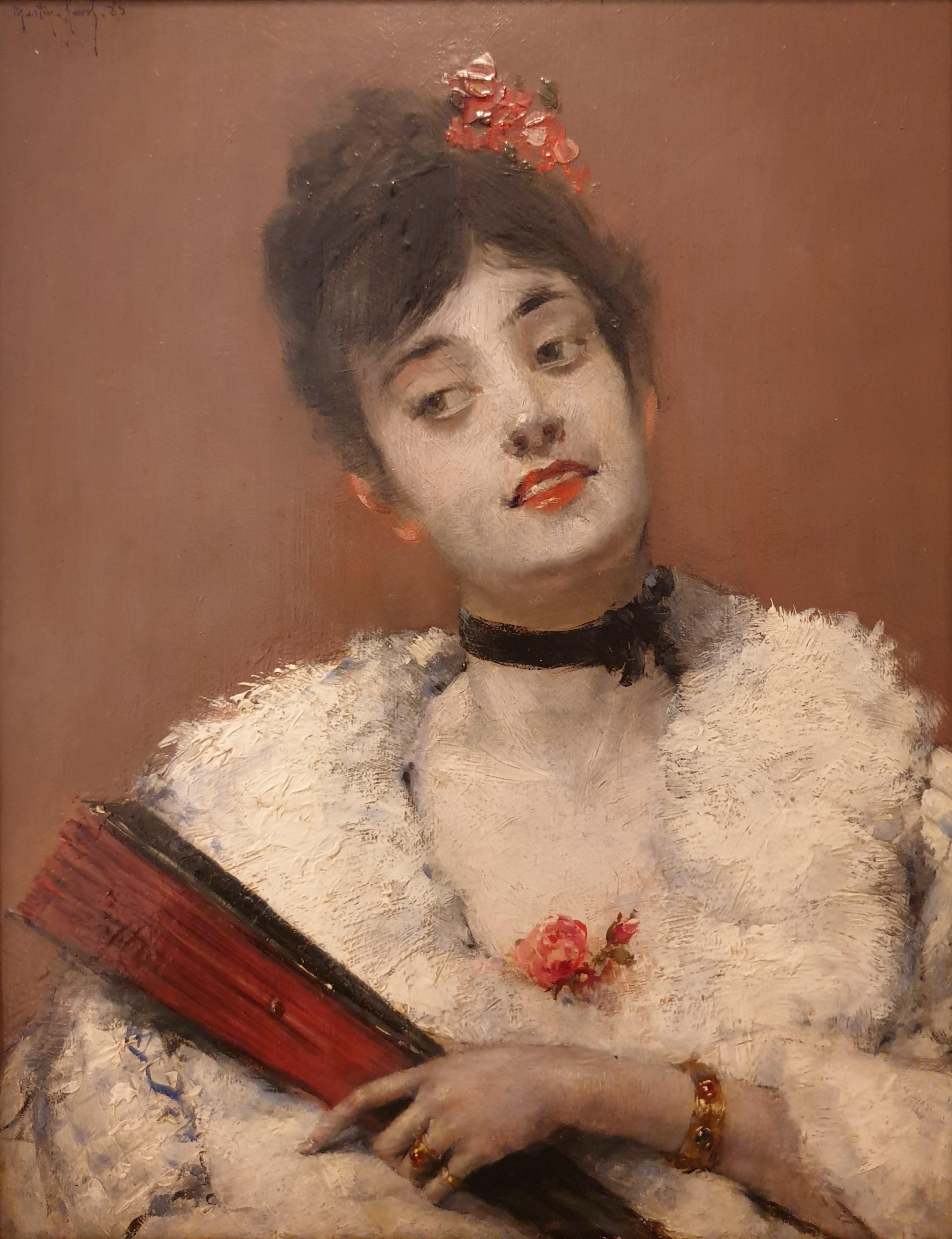 MARTIN-KAVEL Porträt einer schönen Frau, eleganter Fan, realistisch, französisch, 19. Jahrhundert – Painting von François Martin-Kavel