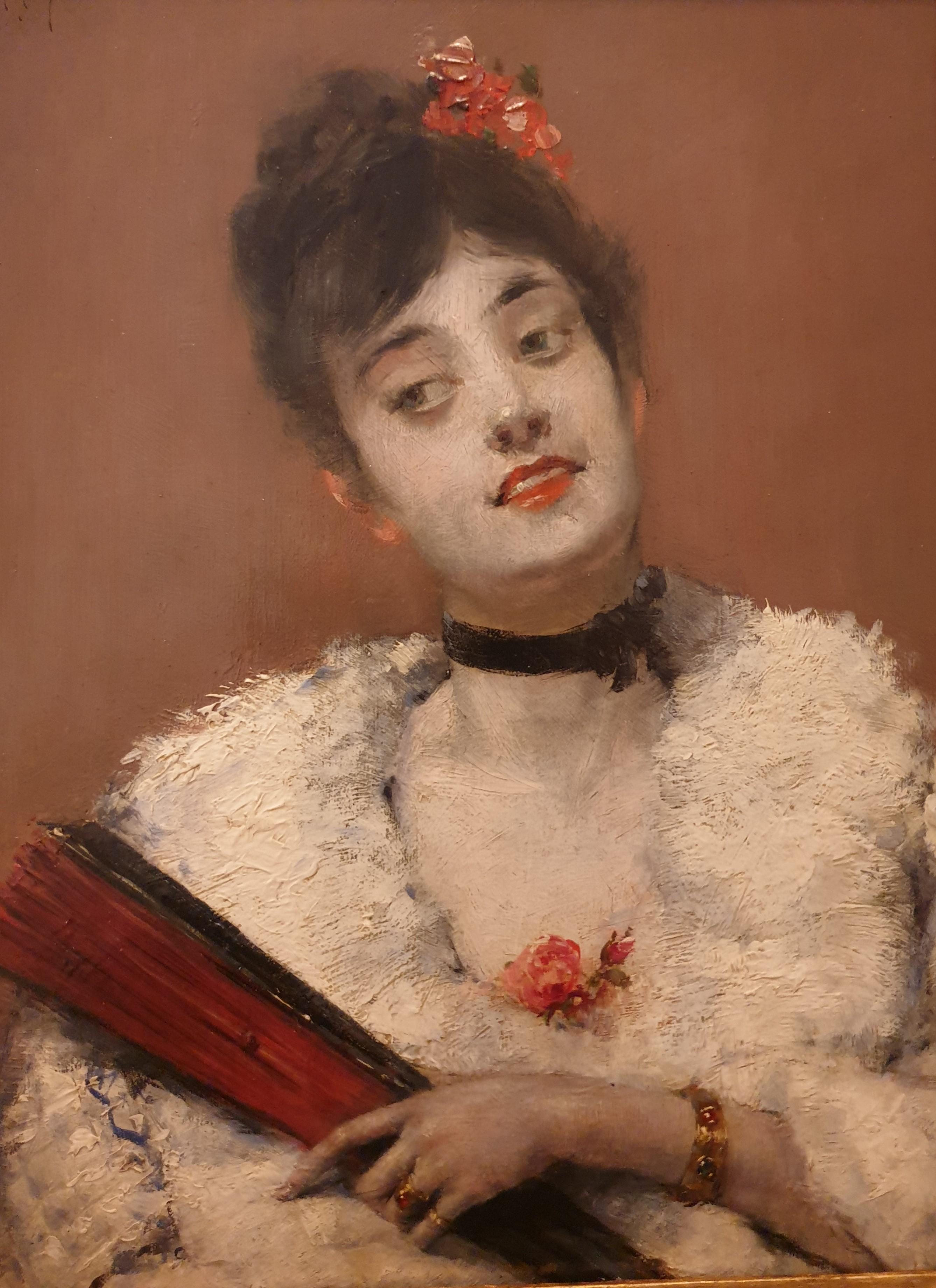MARTIN-KAVEL Portrait de belle femme élégante éventail réaliste français 19ème siècle - Marron Portrait Painting par François Martin-Kavel
