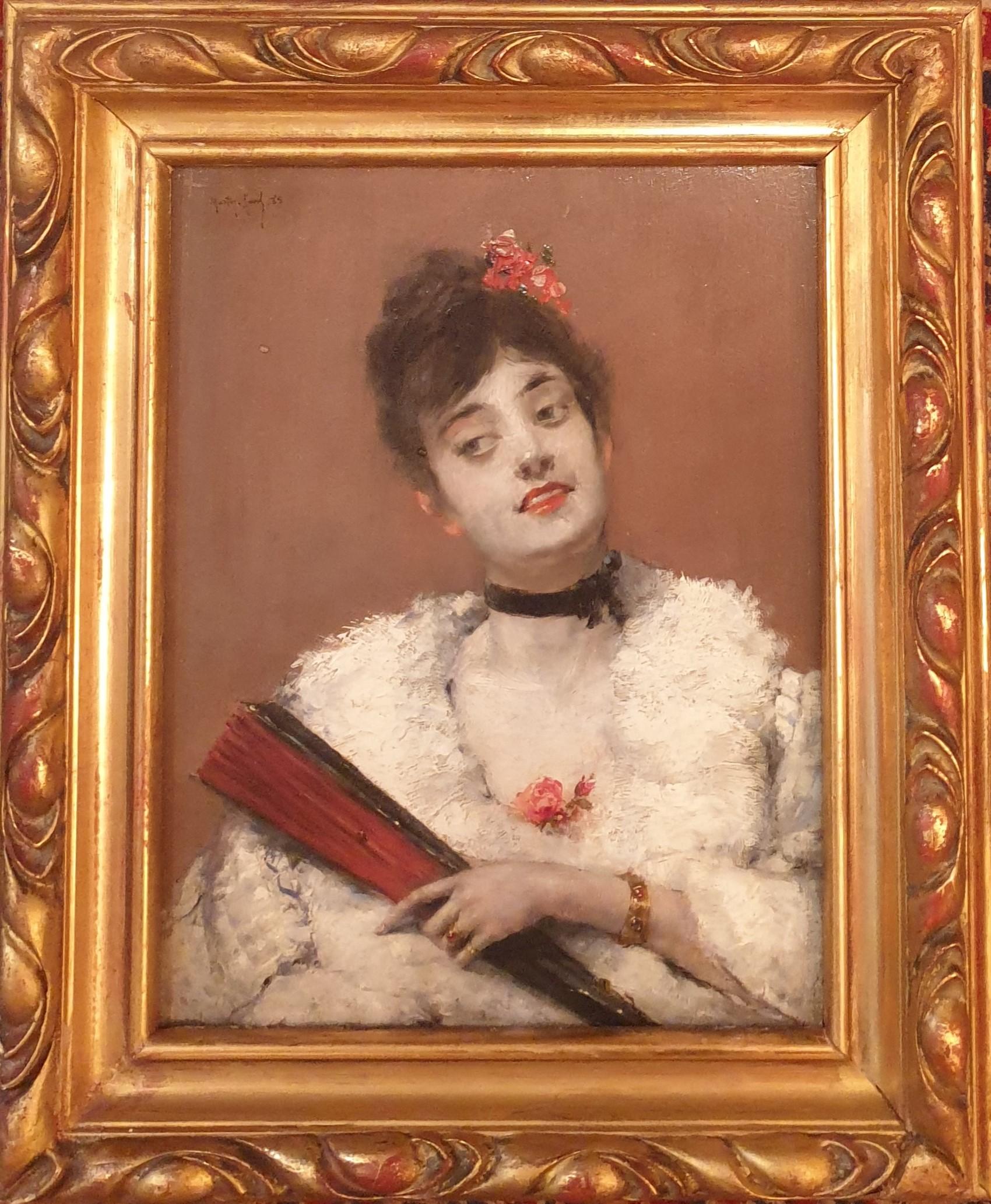 François Martin-Kavel Portrait Painting – MARTIN-KAVEL Porträt einer schönen Frau, eleganter Fan, realistisch, französisch, 19. Jahrhundert