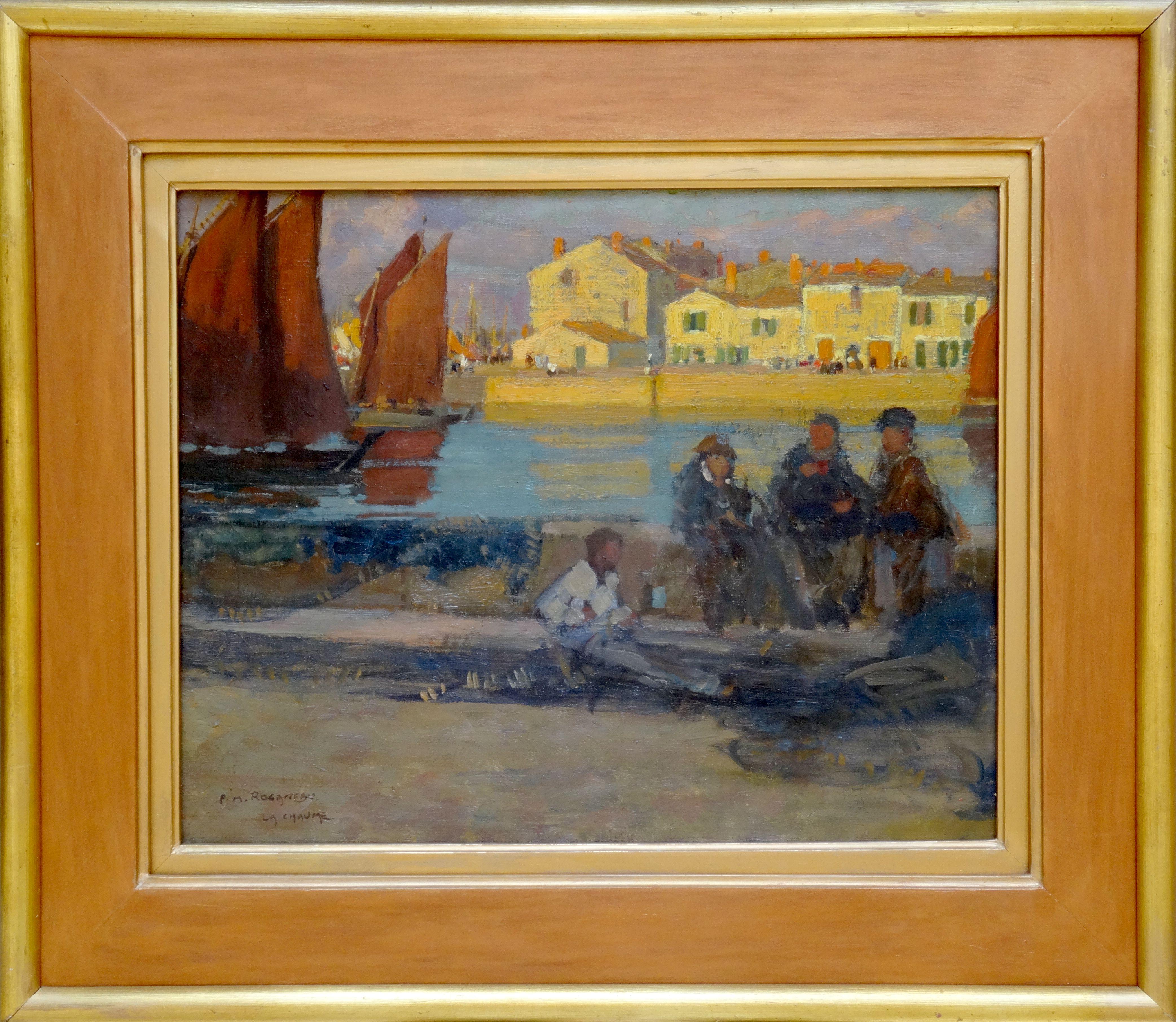 Le port de la Chaume. Oil on canvas, 33x41 cm - Painting by Francois-Maurice Roganeau