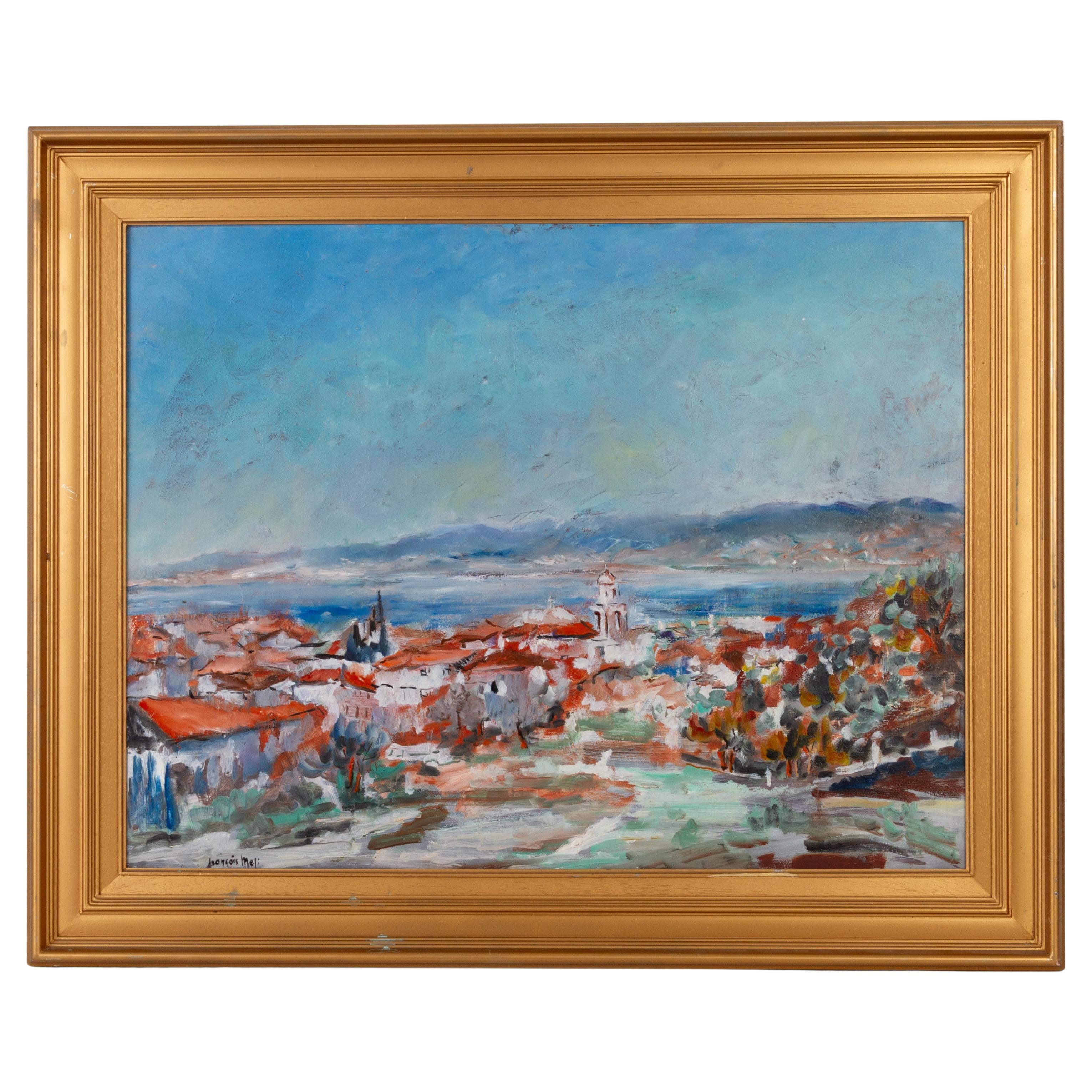 Francois Meli Large Mediterranean Landscape Oil Painting Signed For Sale