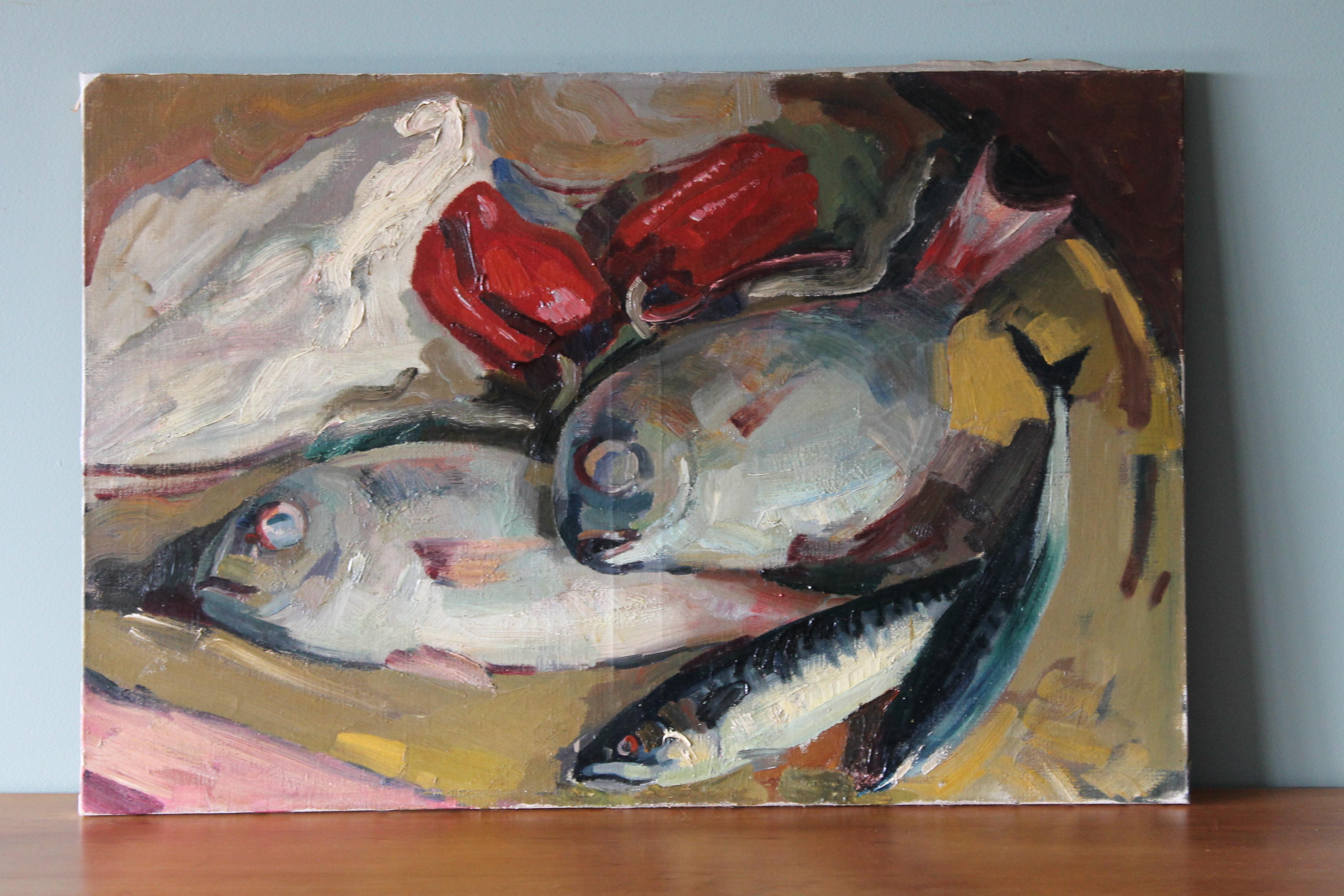 Natura morta di pesce Pittura ad olio, pesce impressionista, orata e peperoni rossi - Painting di  Francois Mengalatte