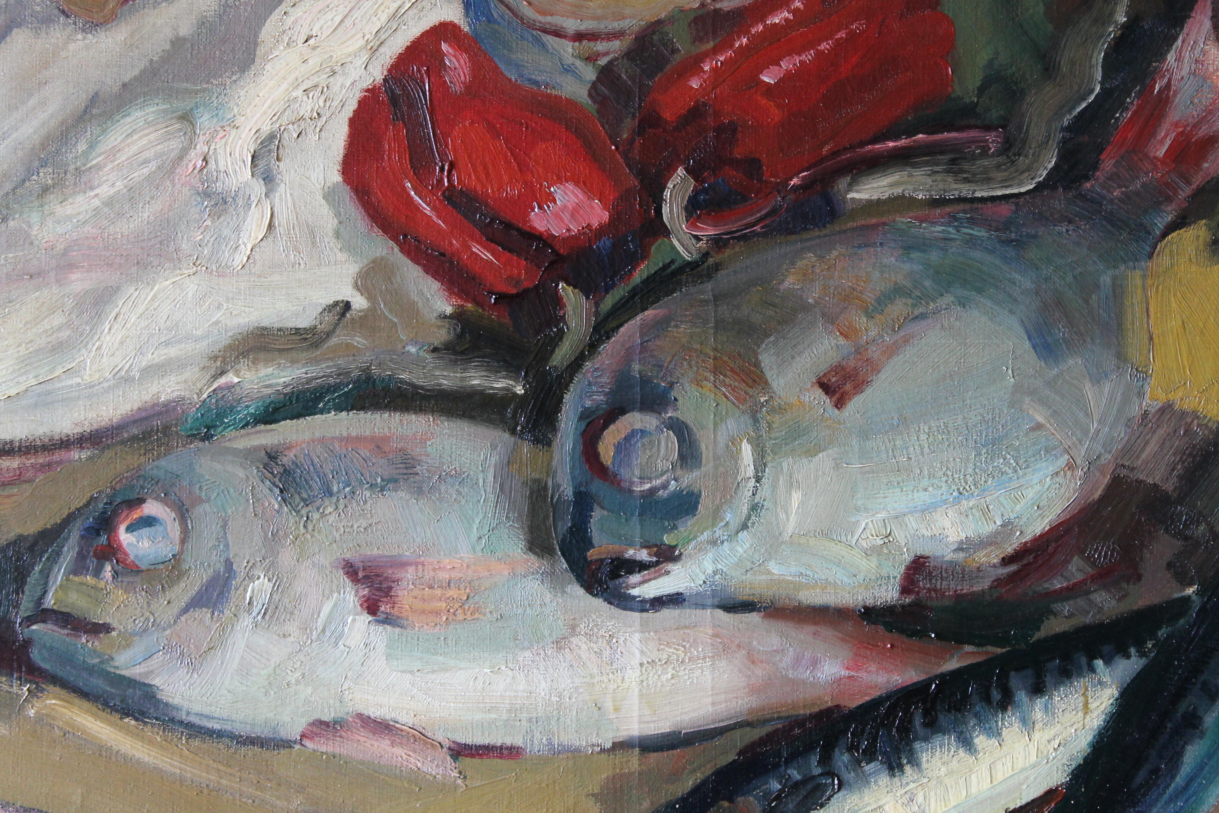 Natura morta di pesce Pittura ad olio, pesce impressionista, orata e peperoni rossi - Painting Impressionismo di  Francois Mengalatte