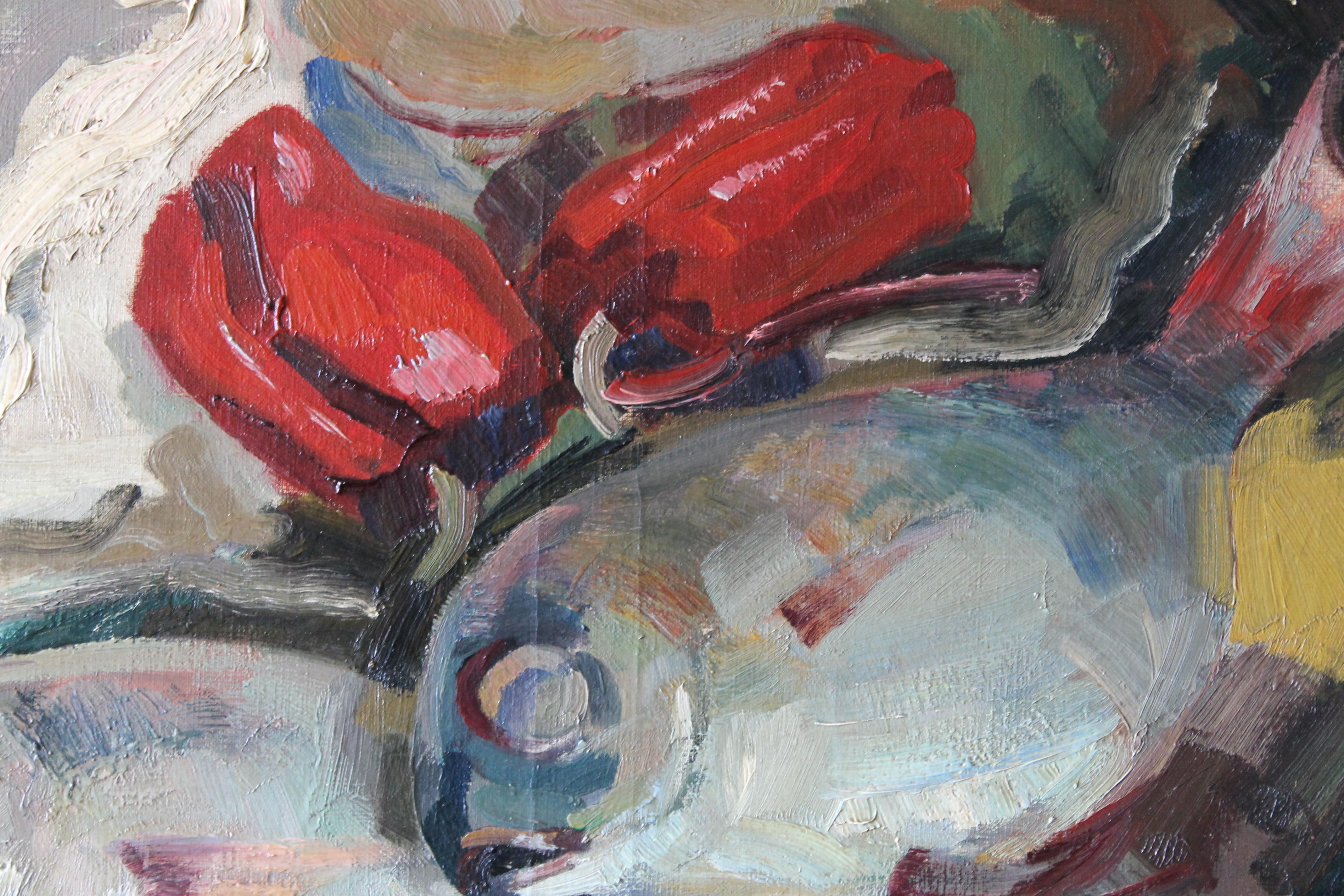 Vintage French still life oil painting of fish by French artist, Francois Mengelatte (1920-2009). Impressionist sea bream and red peppers.  It's a large size canvas, ideal for a kitchen or dining setting.  A textured canvas painted with verve and
