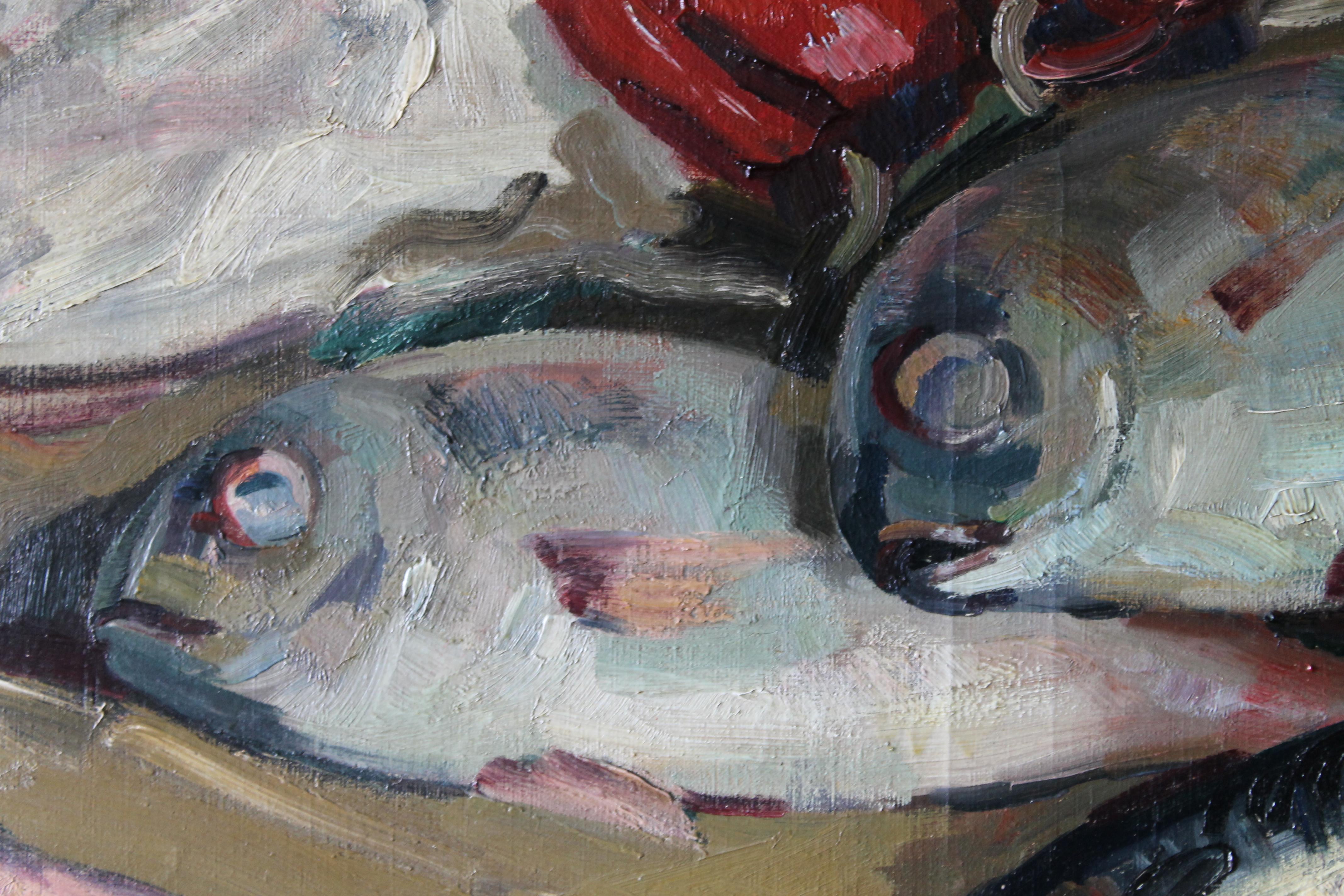 Fish Still Life Oil painting, Impressionist fish, sea bream and red peppers 1