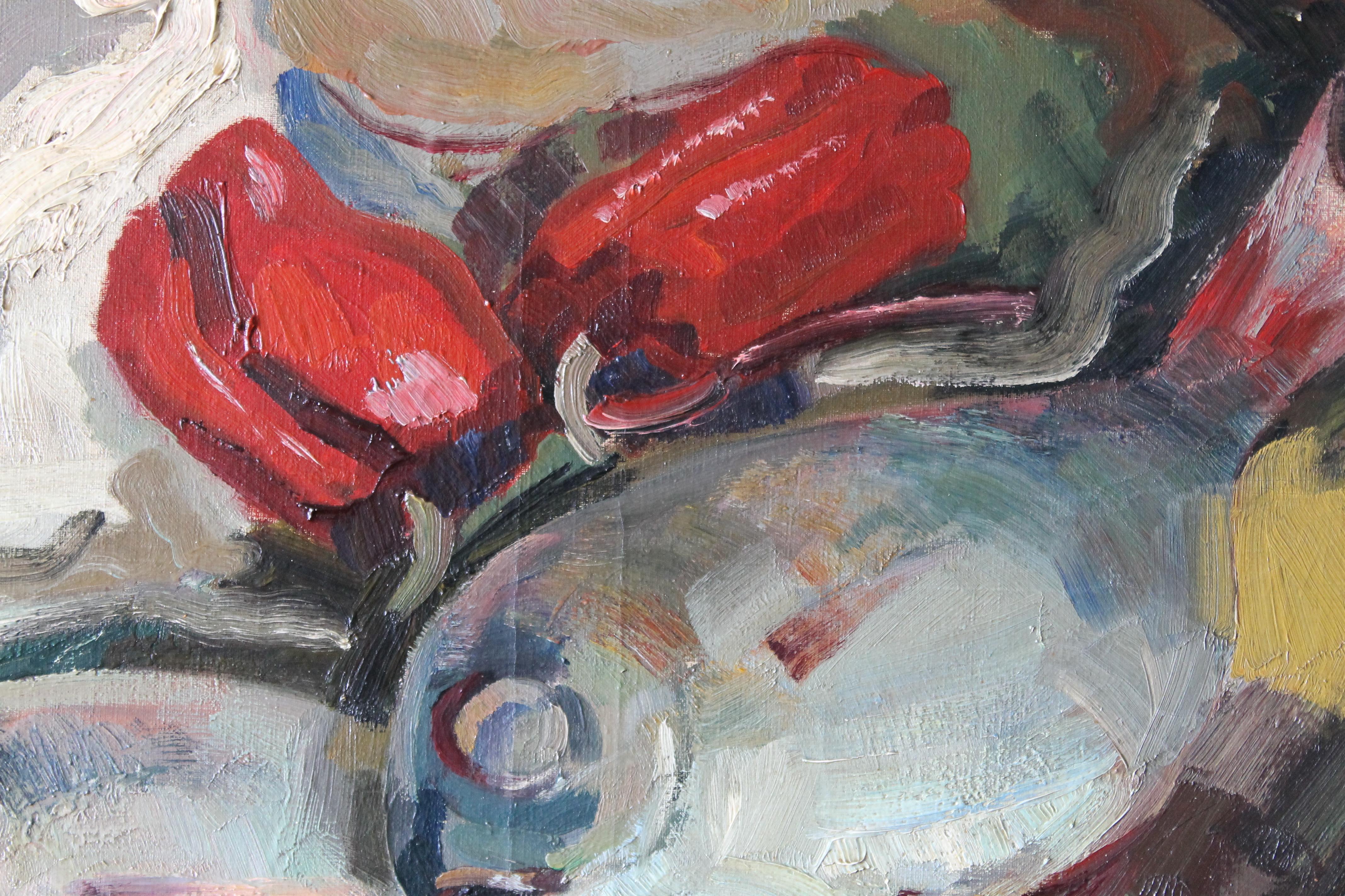 Fish Still Life Oil painting, Impressionist fish, sea bream and red peppers 2