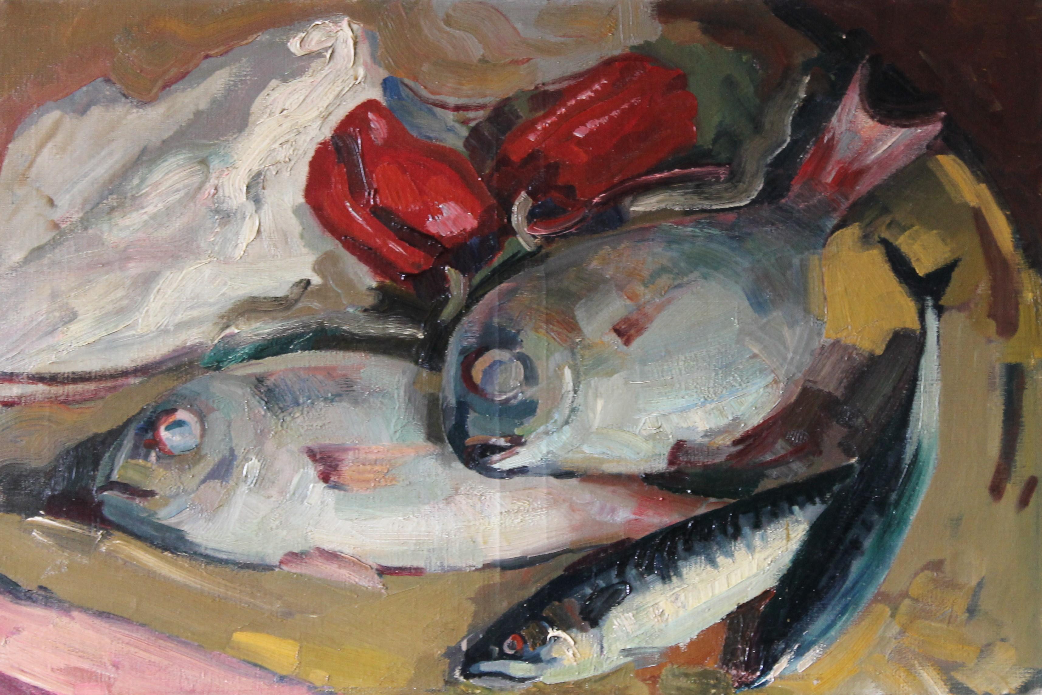  Francois Mengalatte Still-Life Painting - Fish Still Life Oil painting, Impressionist fish, sea bream and red peppers