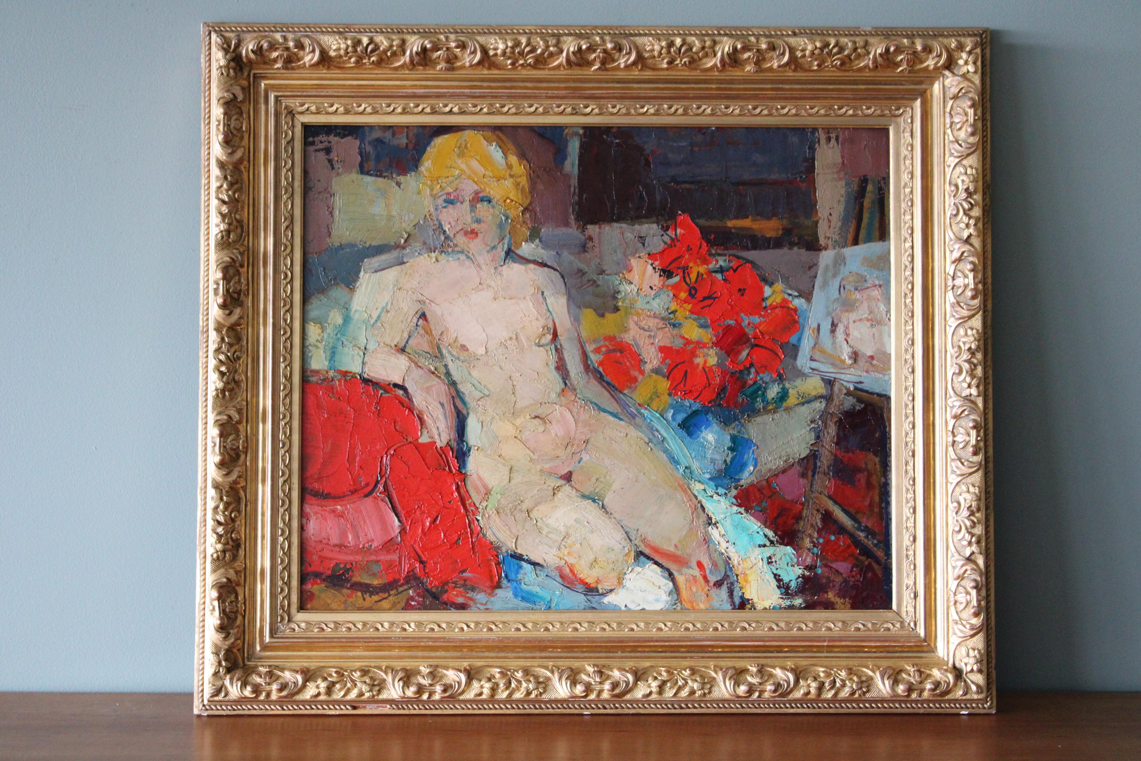 Nude Oil Painting, Figurative Nude Painting, Nude Portrait, woman oil painting - Brown Figurative Painting by Francois Mengalatte