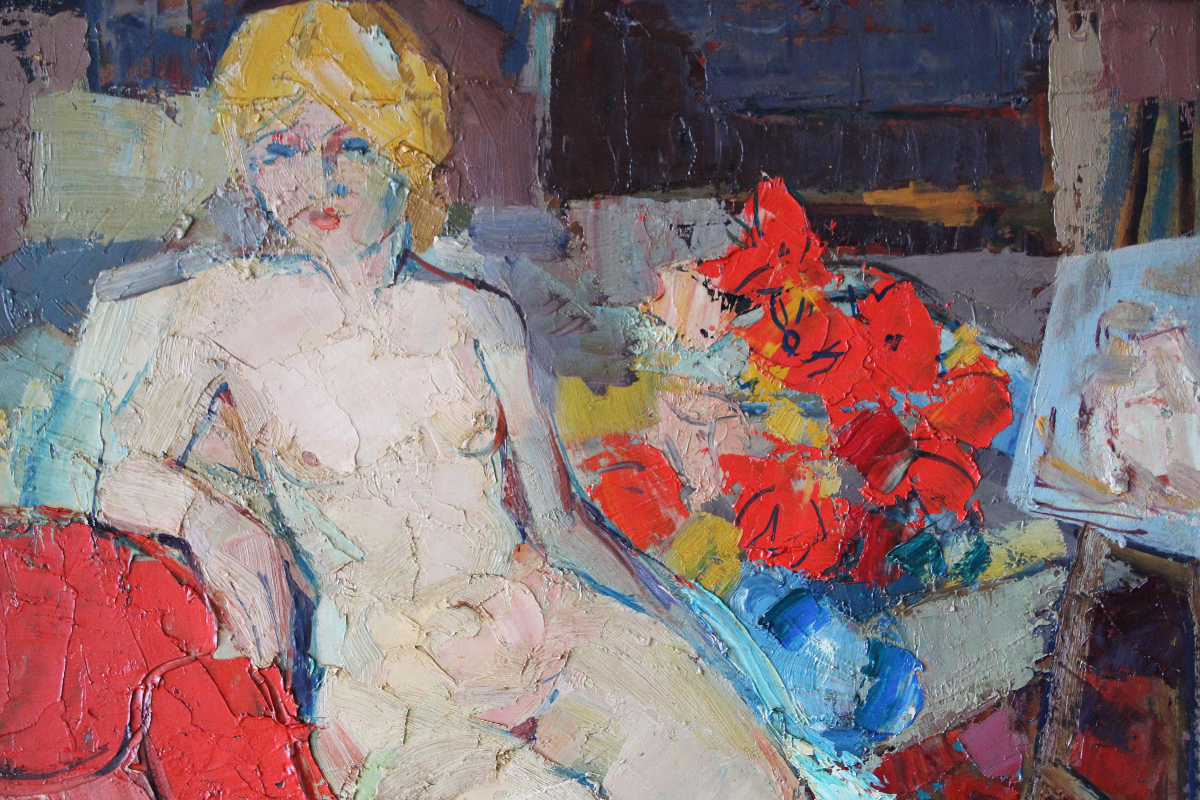 Vintage nude figurative painting/portrait painting by French artist, Francois Mengelatte (1920-2009).  This impressive and distinctive oil painting of a nude in the artist's studio is simply stunning.  It's an extravaganza of the most colourful hues