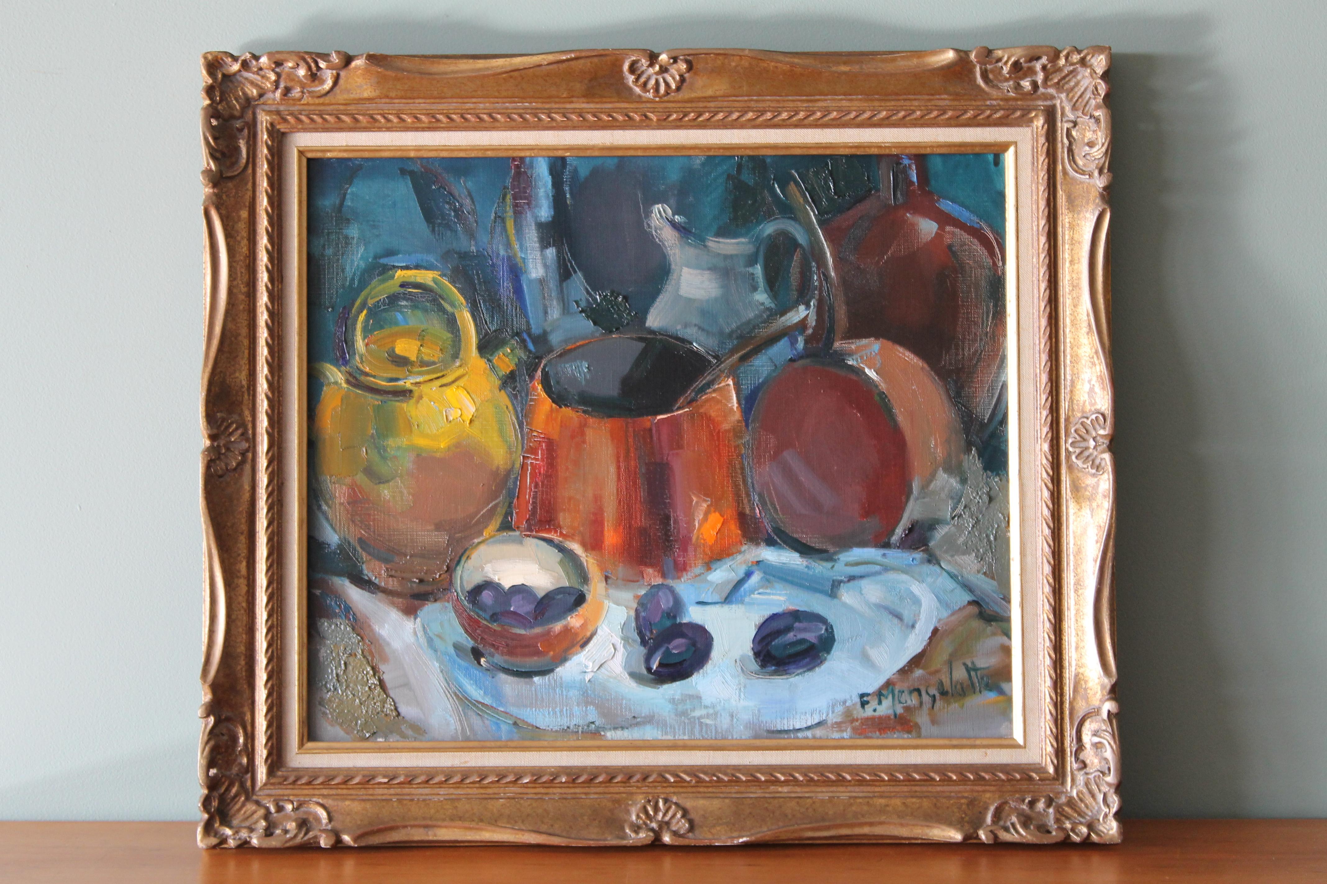 Still Life with fruit oil painting of copper pots and prunes, vintage framed - Painting by Francois Mengalatte