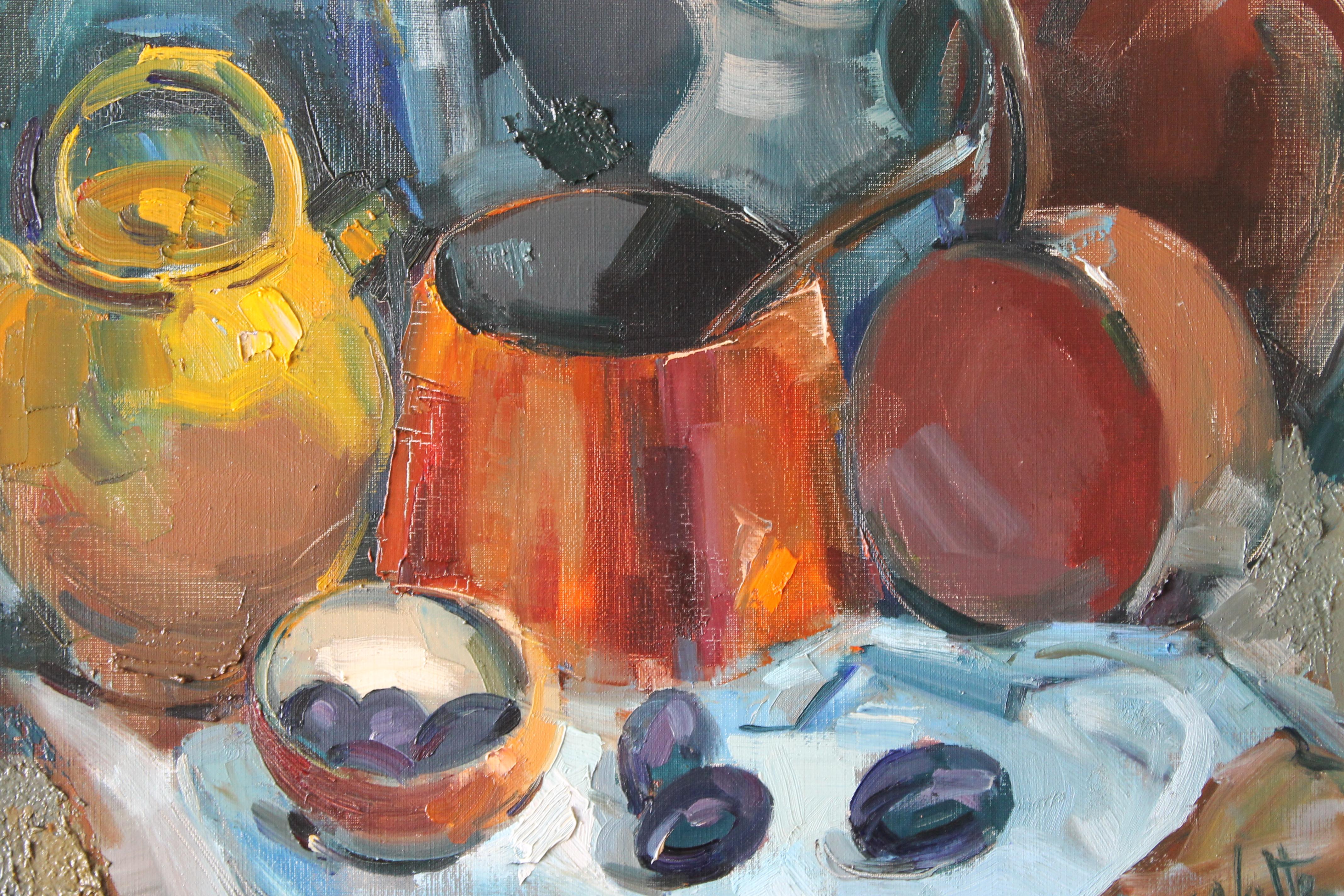 Still Life with fruit oil painting of copper pots and prunes, vintage framed - Impressionist Painting by Francois Mengalatte