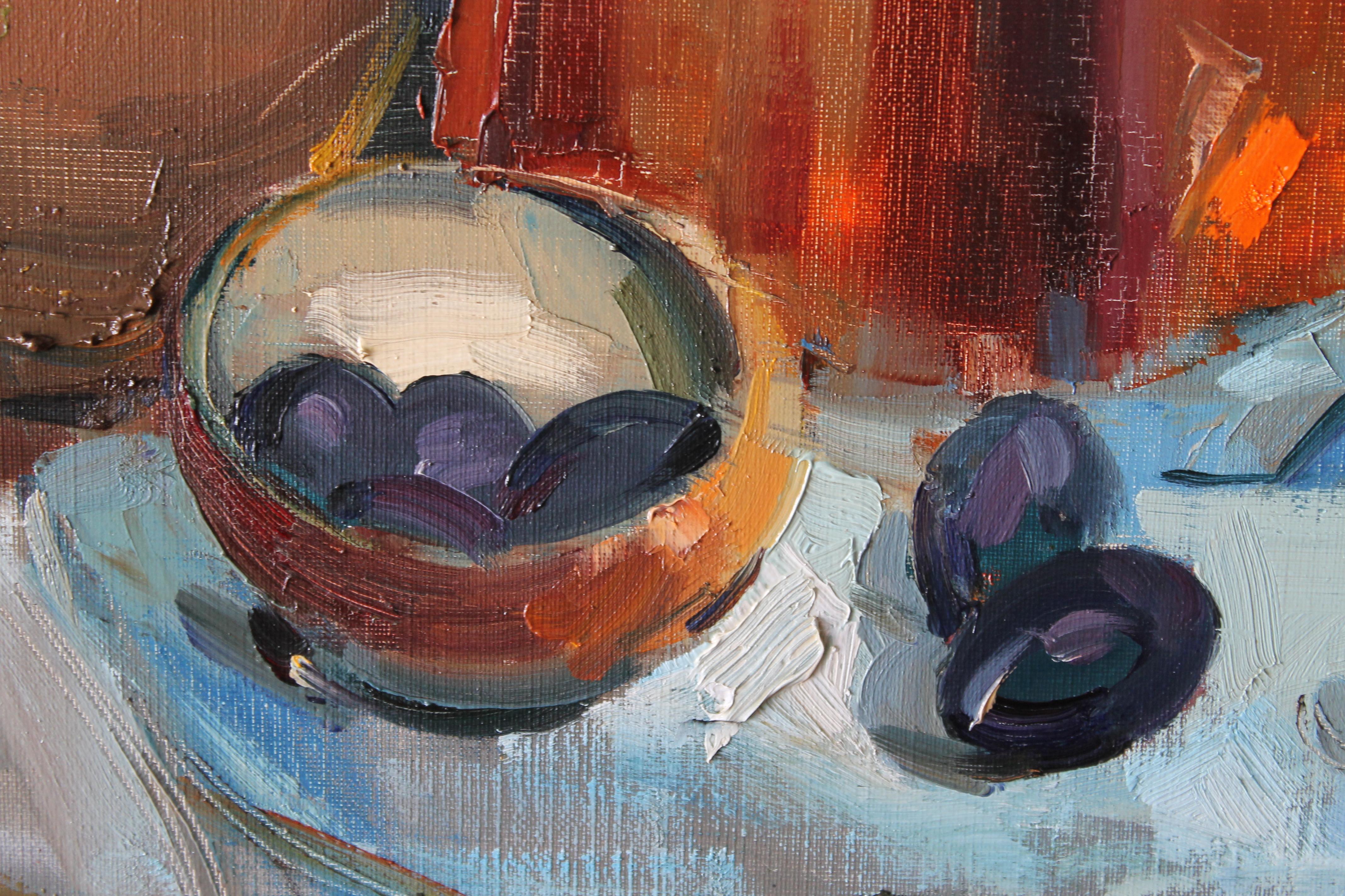 Still Life with fruit oil painting of copper pots and prunes, vintage framed 4