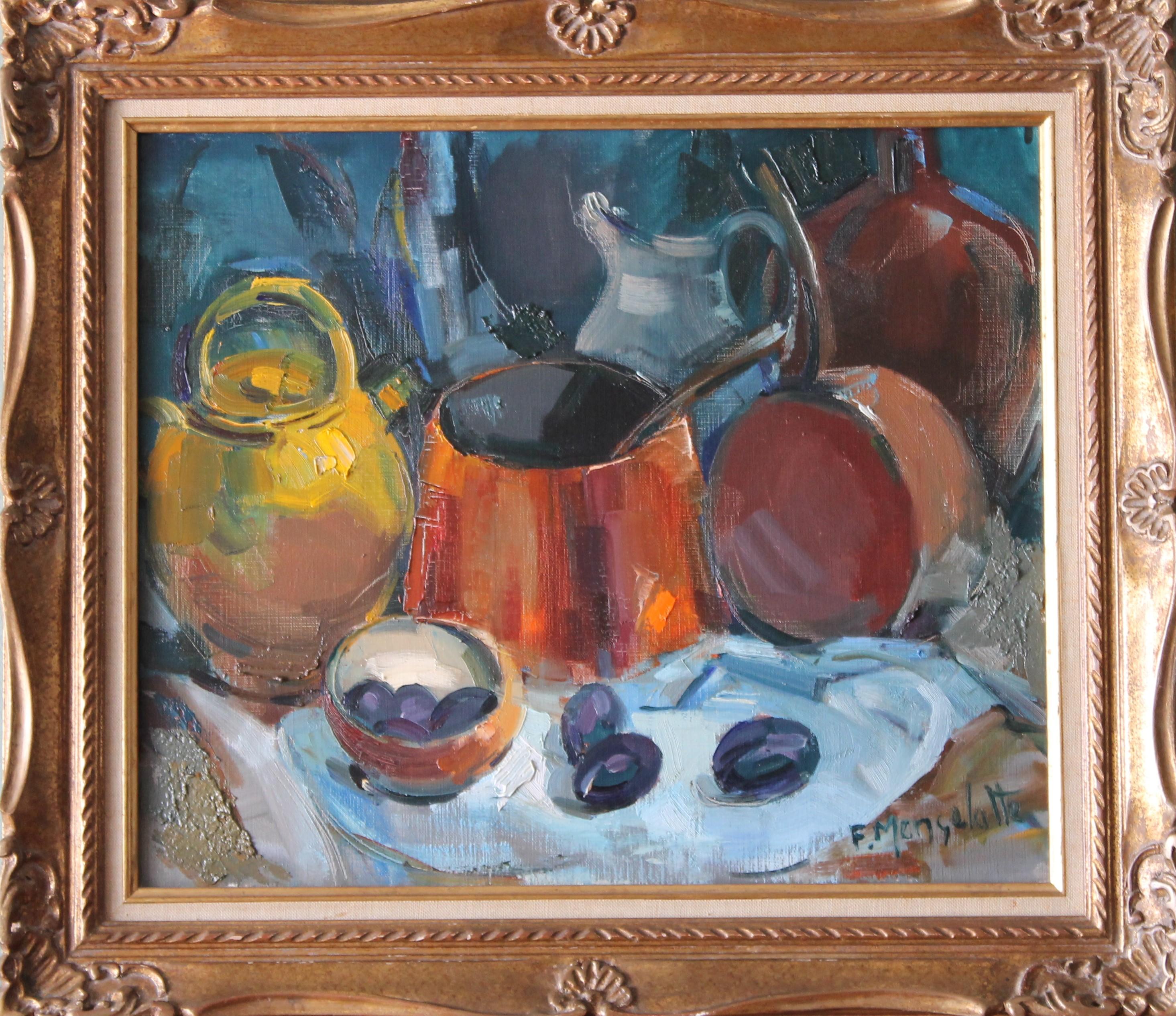 Francois Mengalatte Portrait Painting - Still Life with fruit oil painting of copper pots and prunes, vintage framed