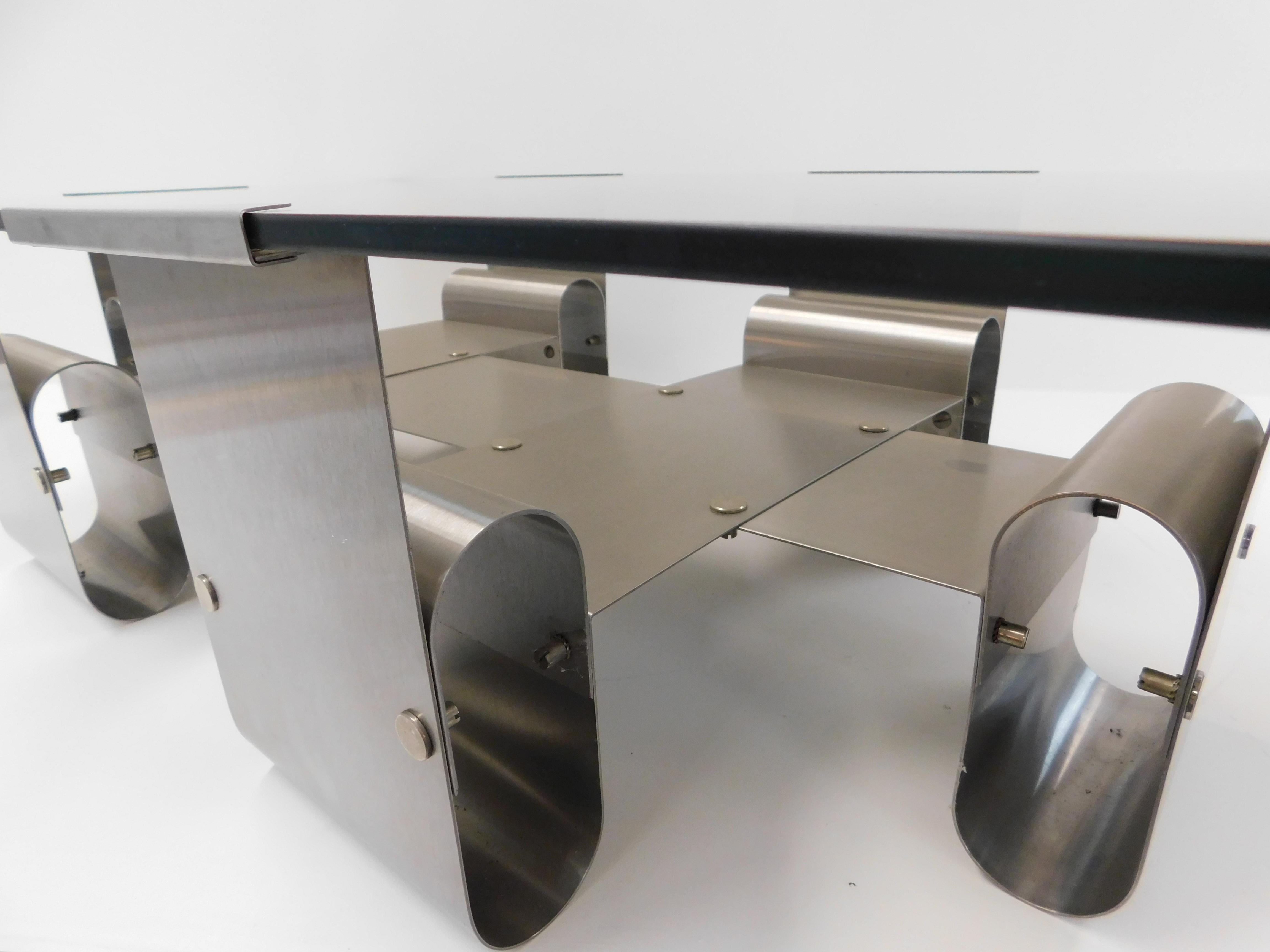 Modern Francois Monnet 1970s Curved Steel and Smoked Glass Coffee Table, France