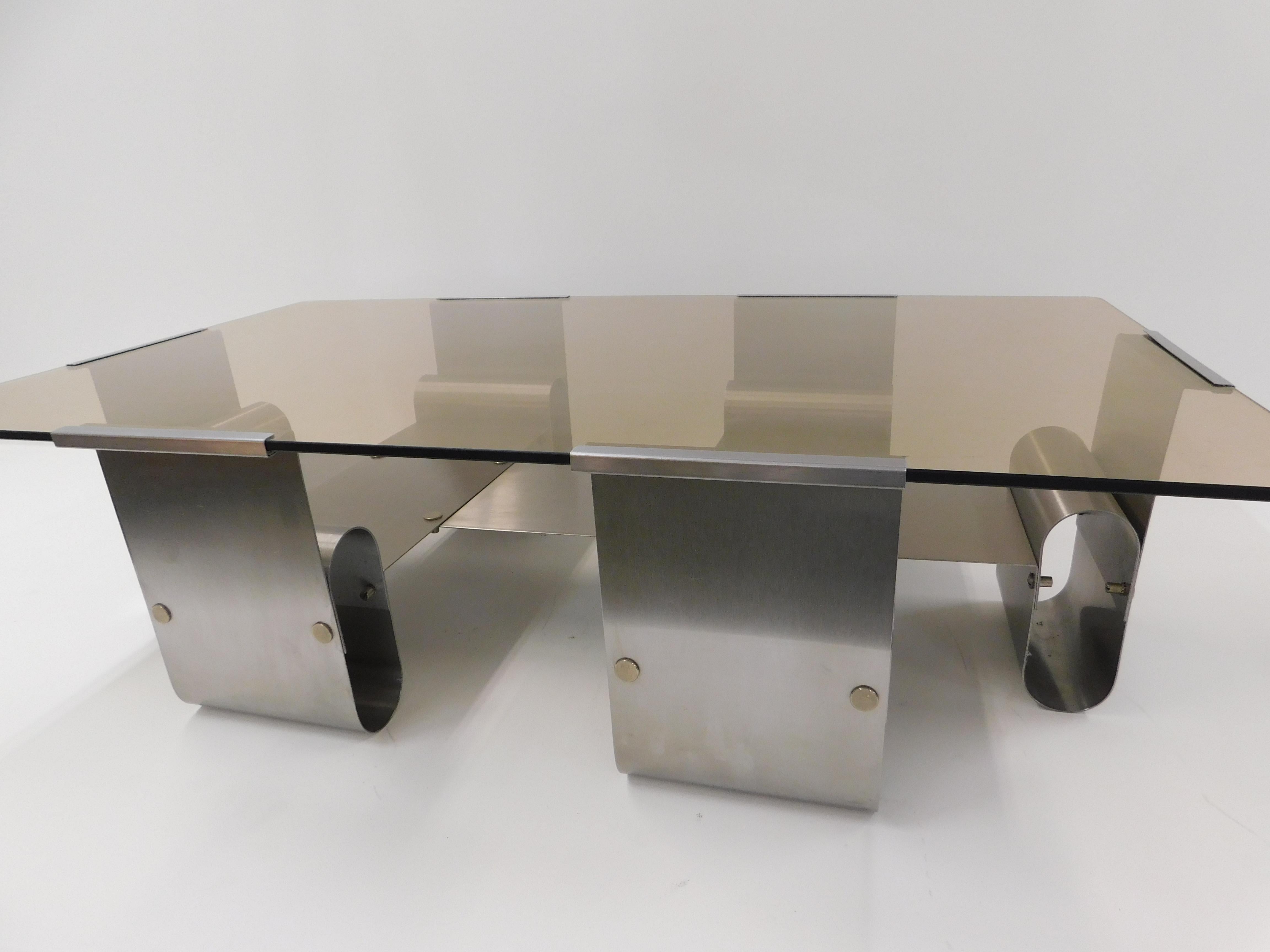 Francois Monnet 1970s Curved Steel and Smoked Glass Coffee Table, France In Good Condition In Hamilton, Ontario