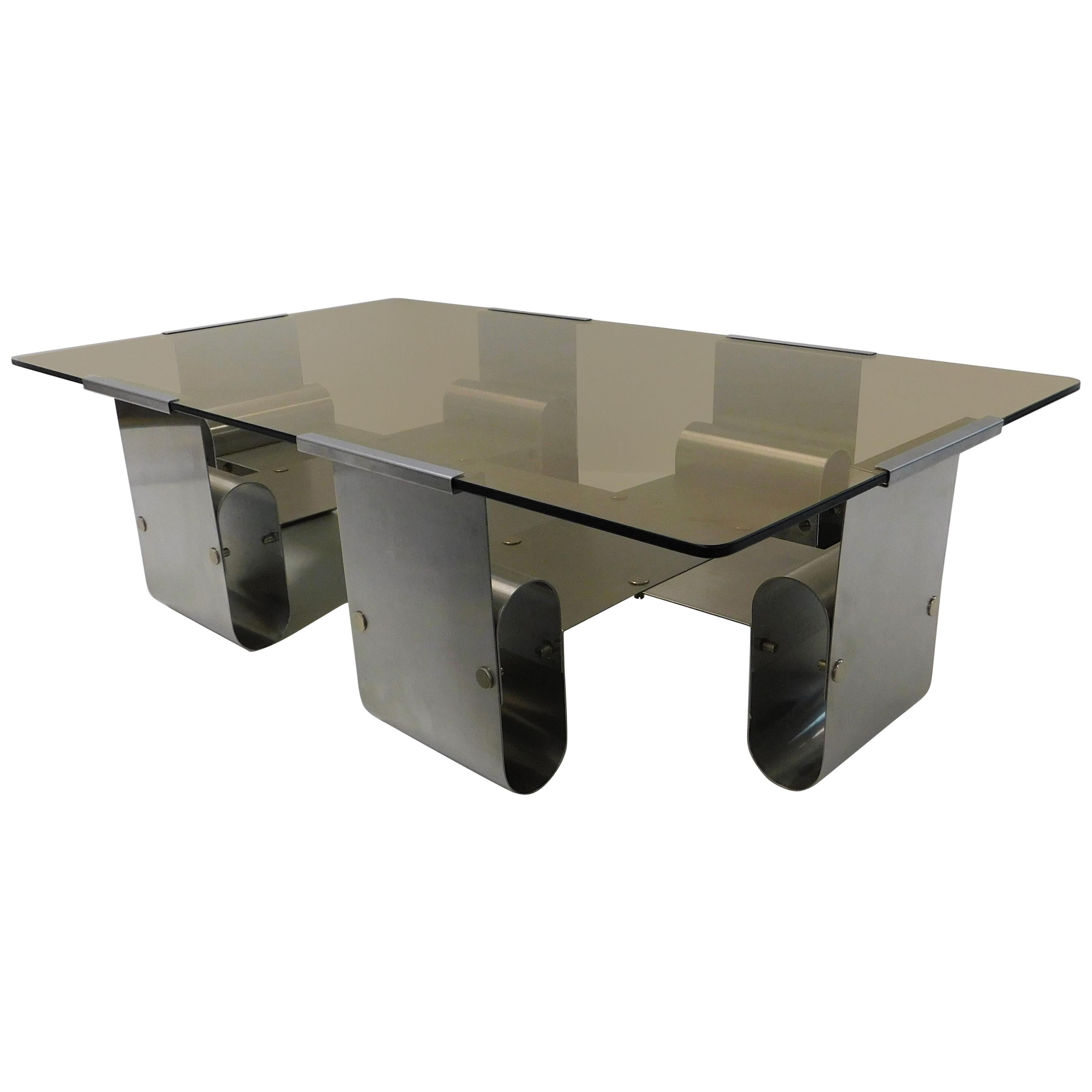Francois Monnet 1970s Curved Steel and Smoked Glass Coffee Table, France