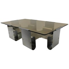 Retro Francois Monnet 1970s Curved Steel and Smoked Glass Coffee Table, France