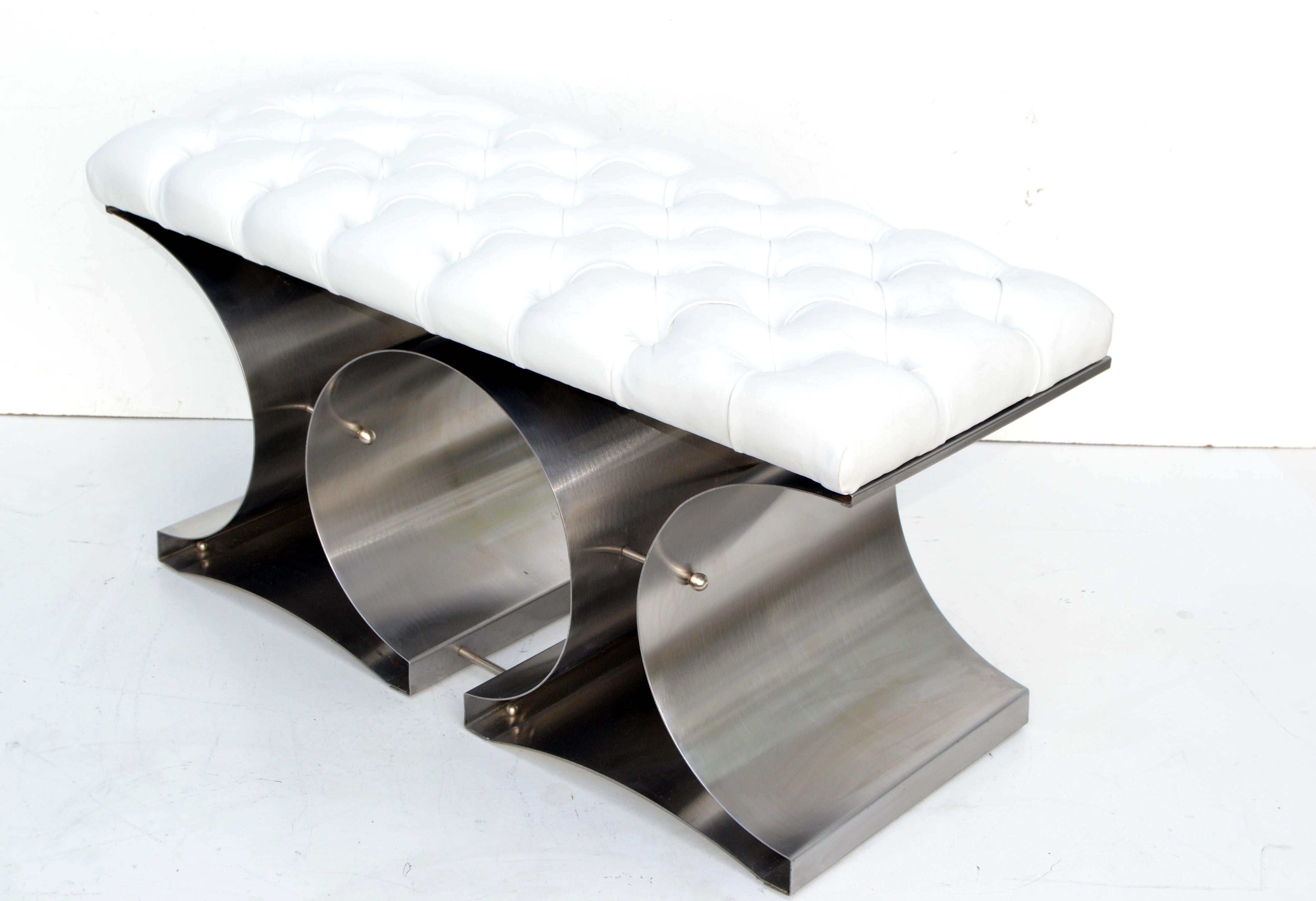 Mid-Century Modern François Monnet Bench Stainless Steel and Tufted Faux Leather For Sale