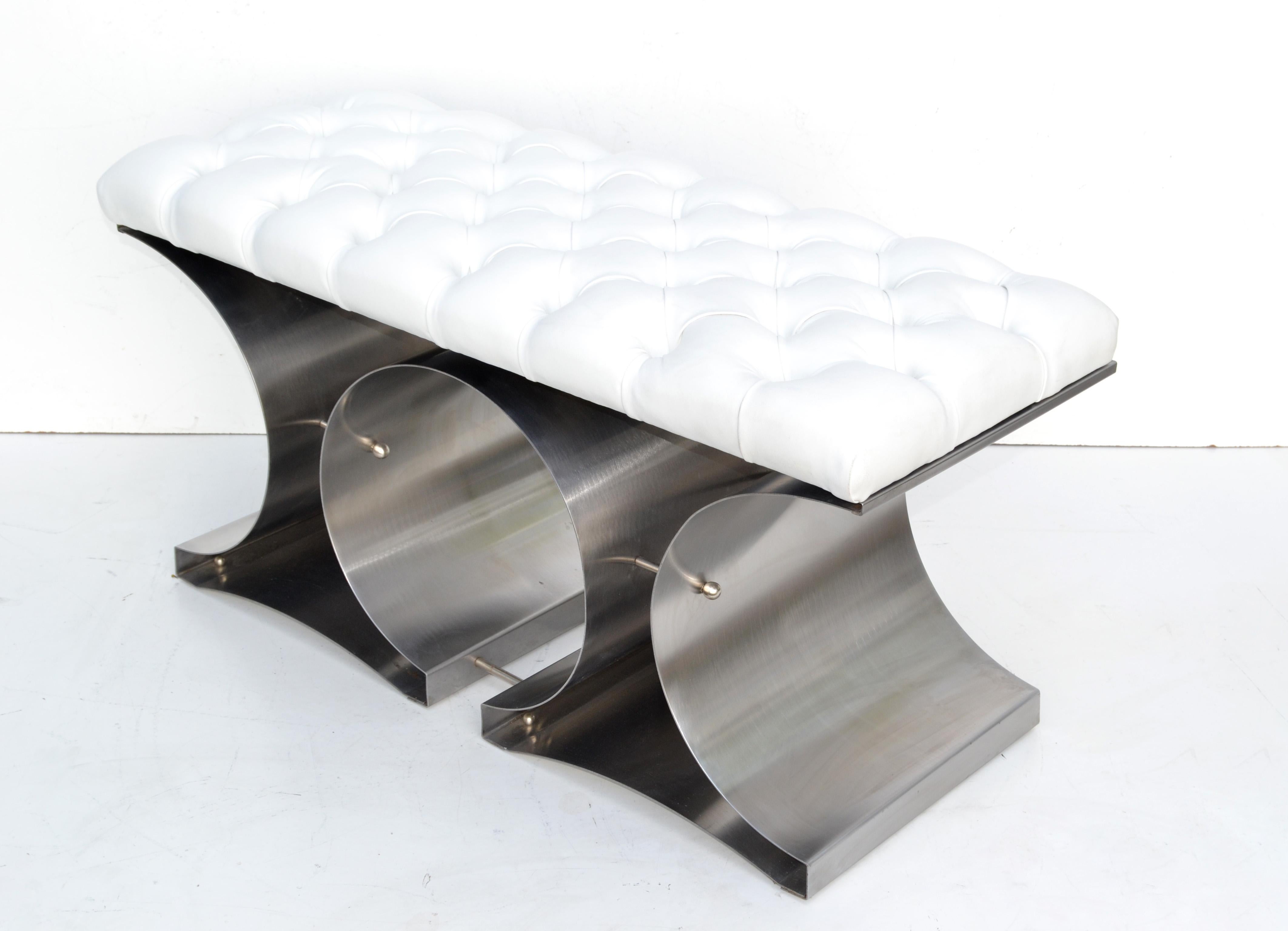 Brushed François Monnet Bench Stainless Steel and Tufted Faux Leather For Sale