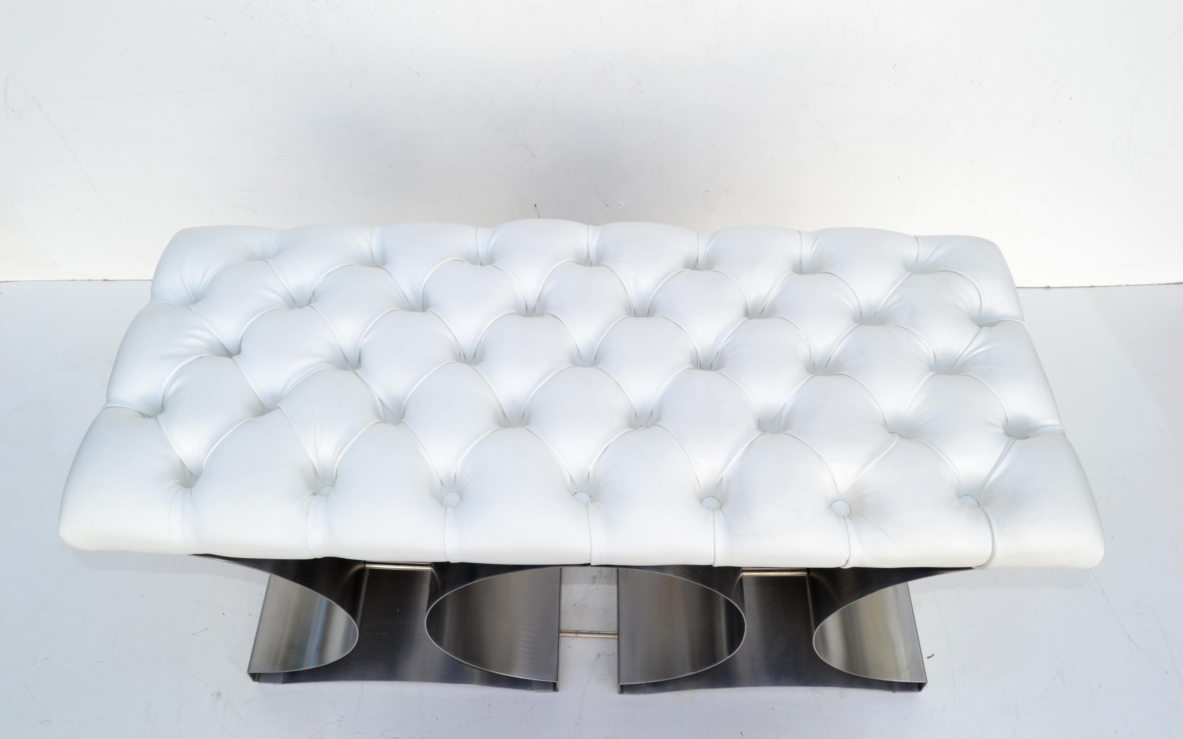 20th Century François Monnet Bench Stainless Steel and Tufted Faux Leather For Sale
