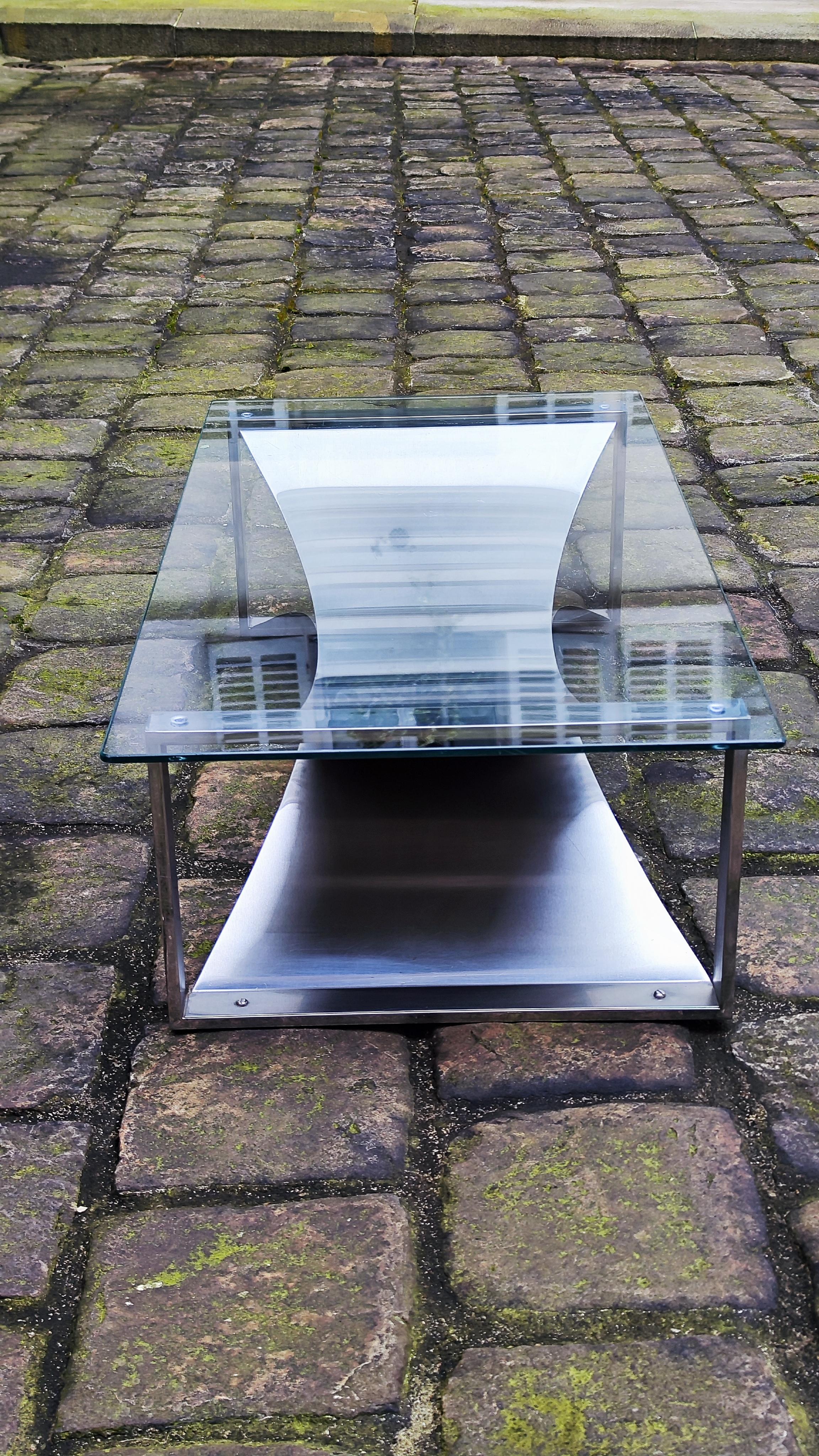 Table basse en acier brossé François Monnet avec plateau en verre - France - Steele - Années 70 en vente 6