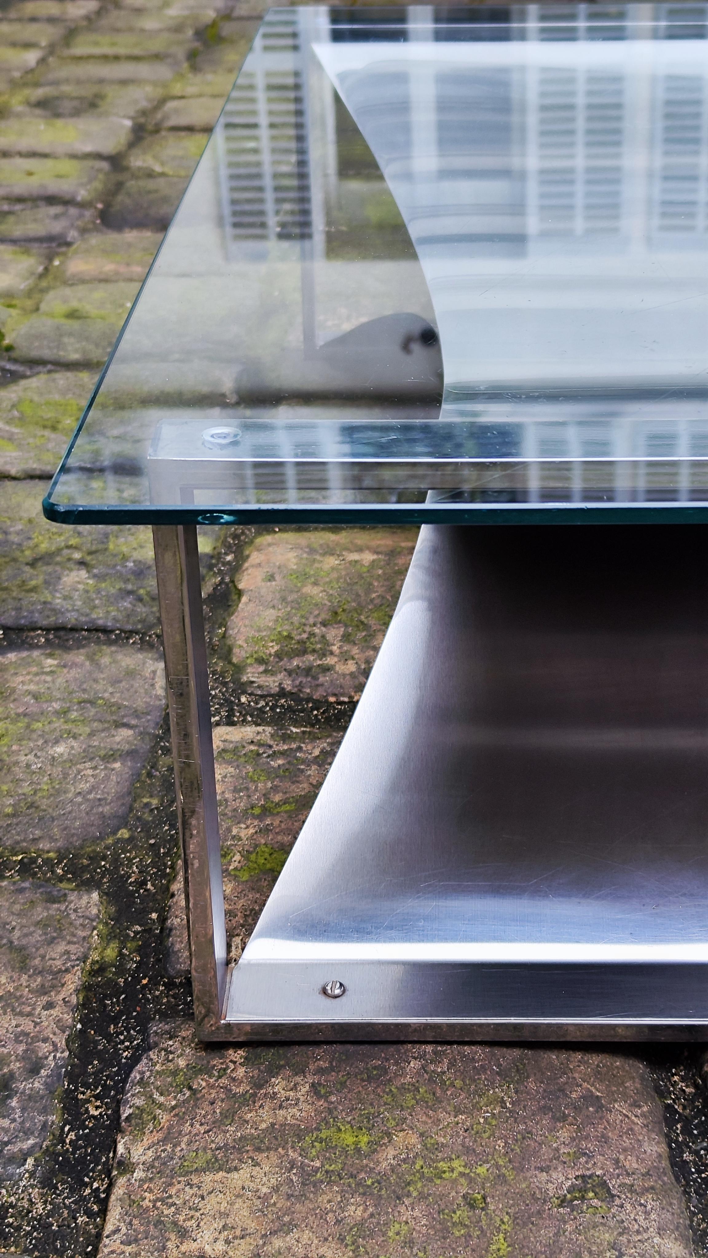 Table basse en acier brossé François Monnet avec plateau en verre - France - Steele - Années 70 en vente 7
