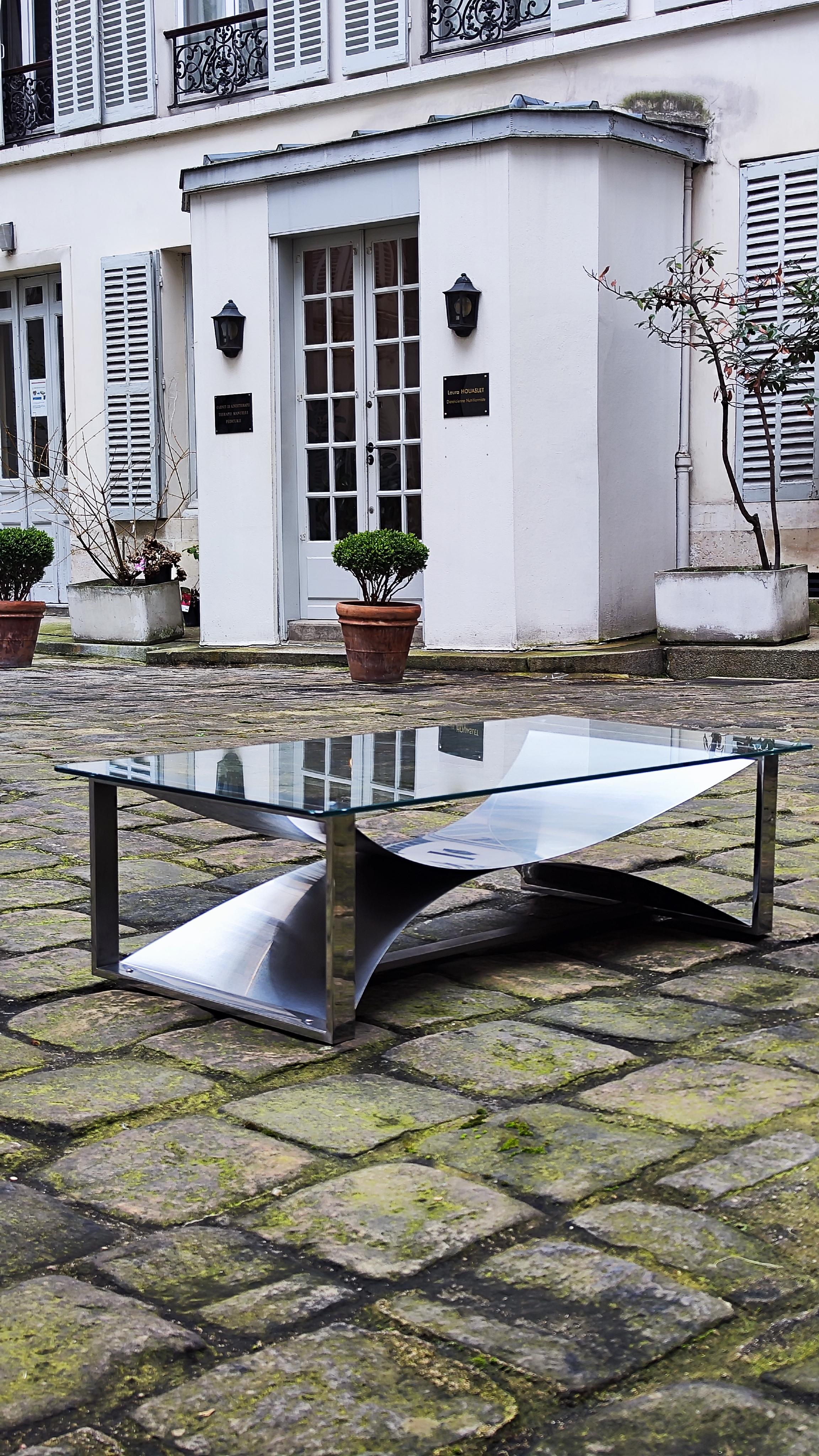 Table basse en acier brossé François Monnet avec plateau en verre - France - Steele - Années 70 en vente 11