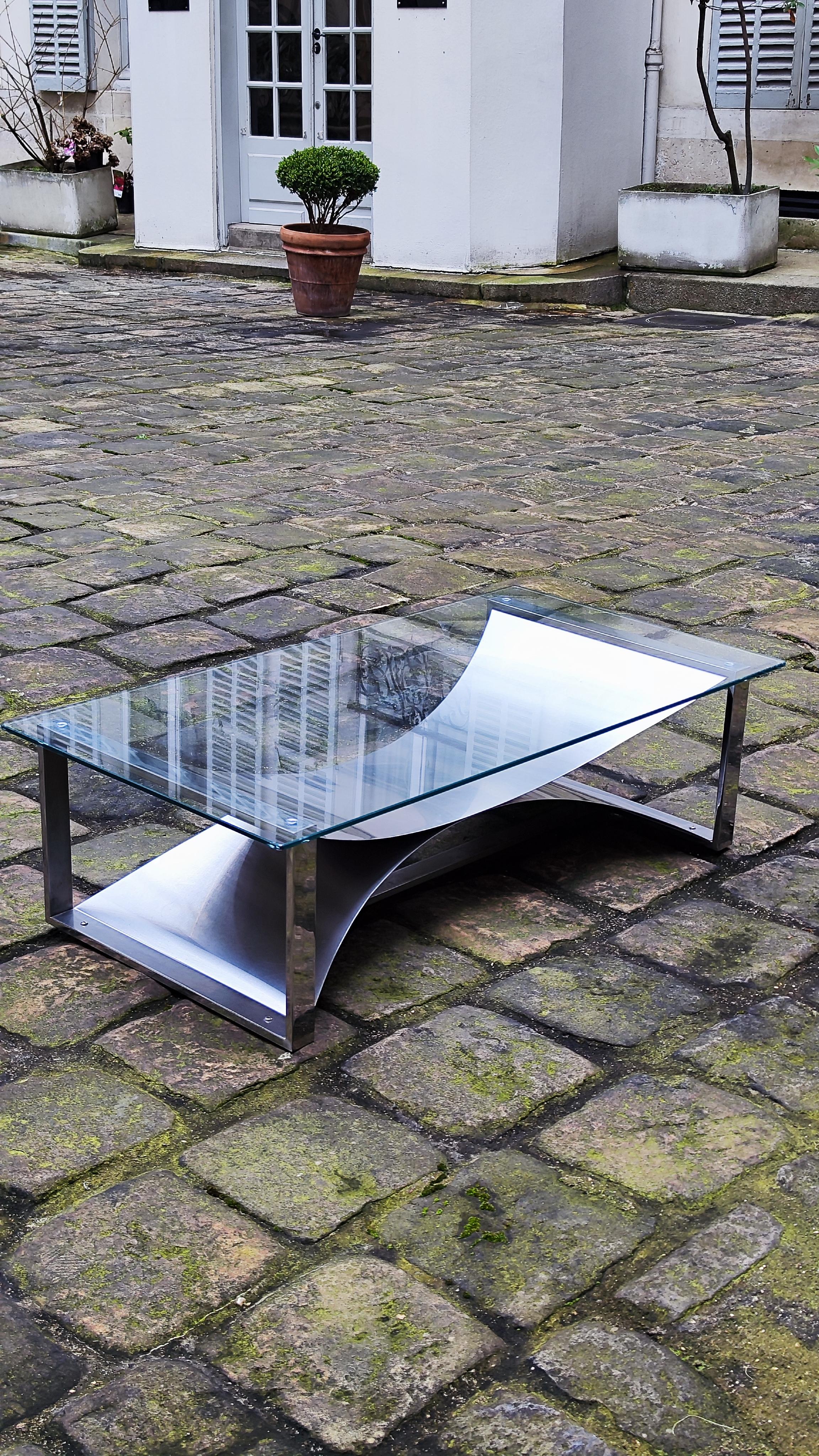 Table basse en acier brossé François Monnet avec plateau en verre - France - Steele - Années 70 en vente 12
