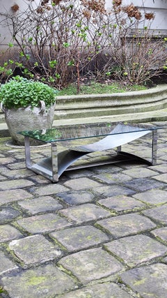 François Monnet brushed steel coffee table with glass top - France - Kappa - 70s