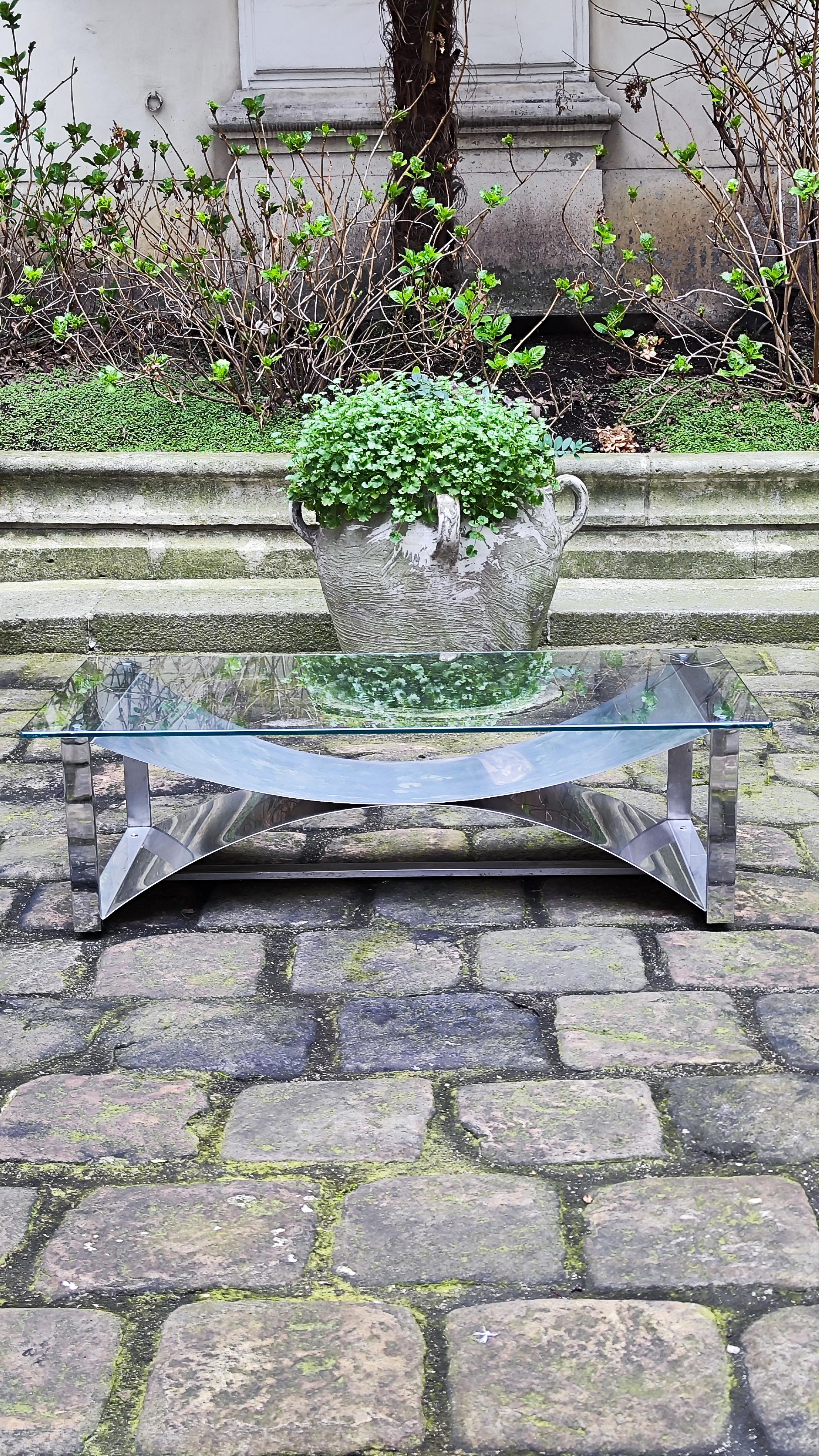 French François Monnet brushed steel coffee table with glass top - France - Kappa - 70s For Sale