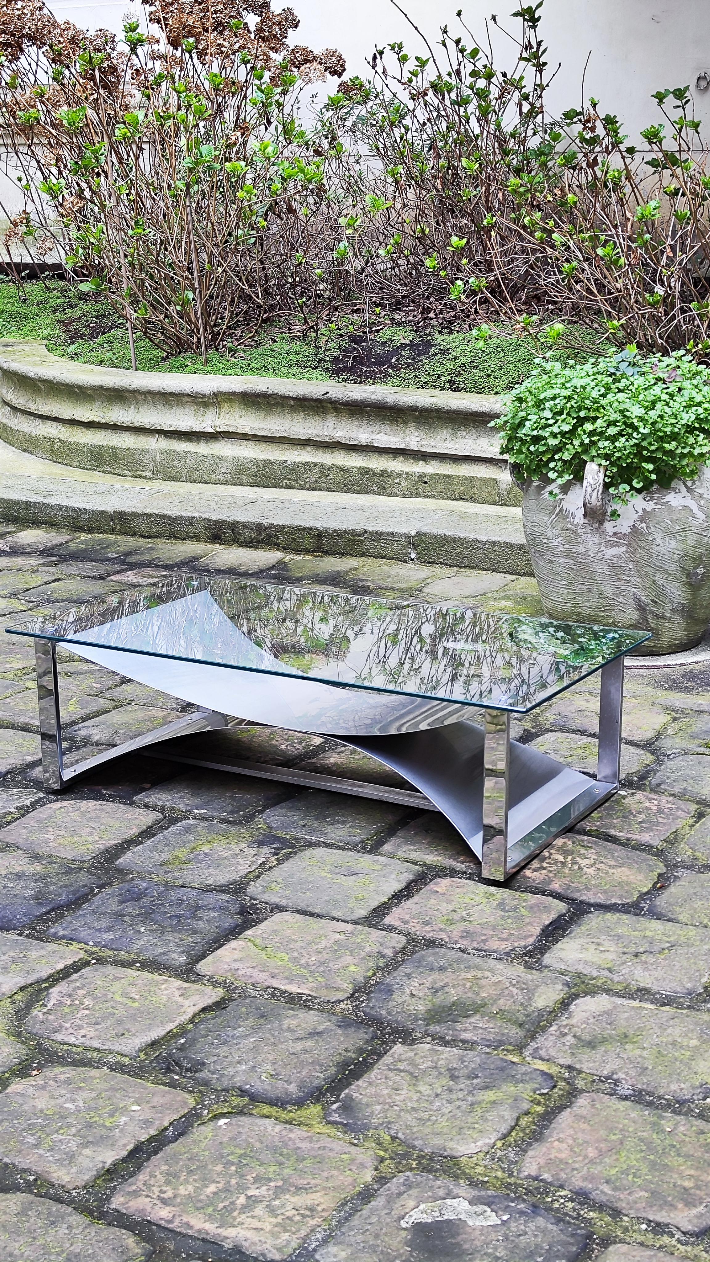 Late 20th Century François Monnet brushed steel coffee table with glass top - France - Kappa - 70s For Sale