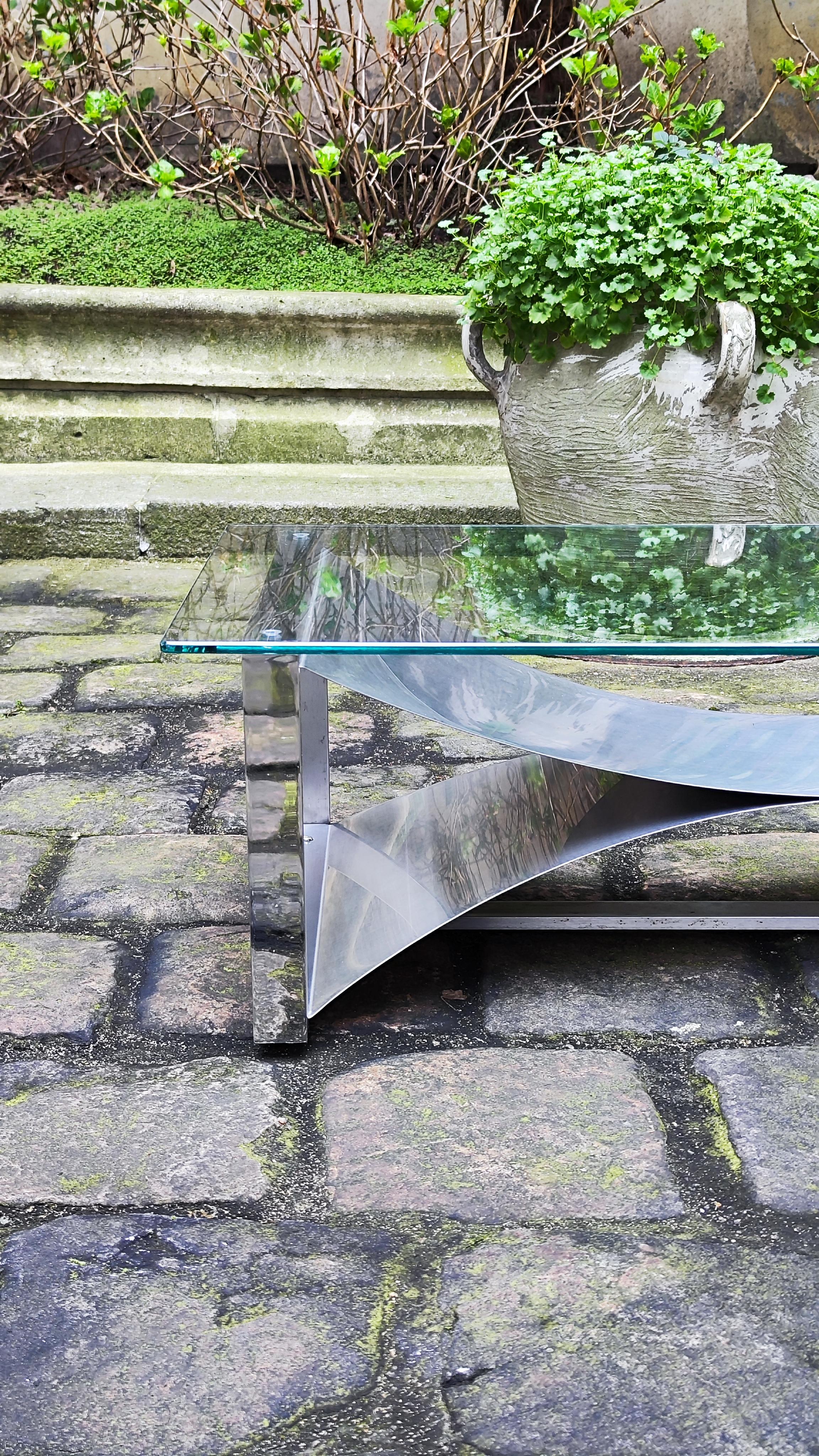 Table basse en acier brossé François Monnet avec plateau en verre - France - Steele - Années 70 en vente 2