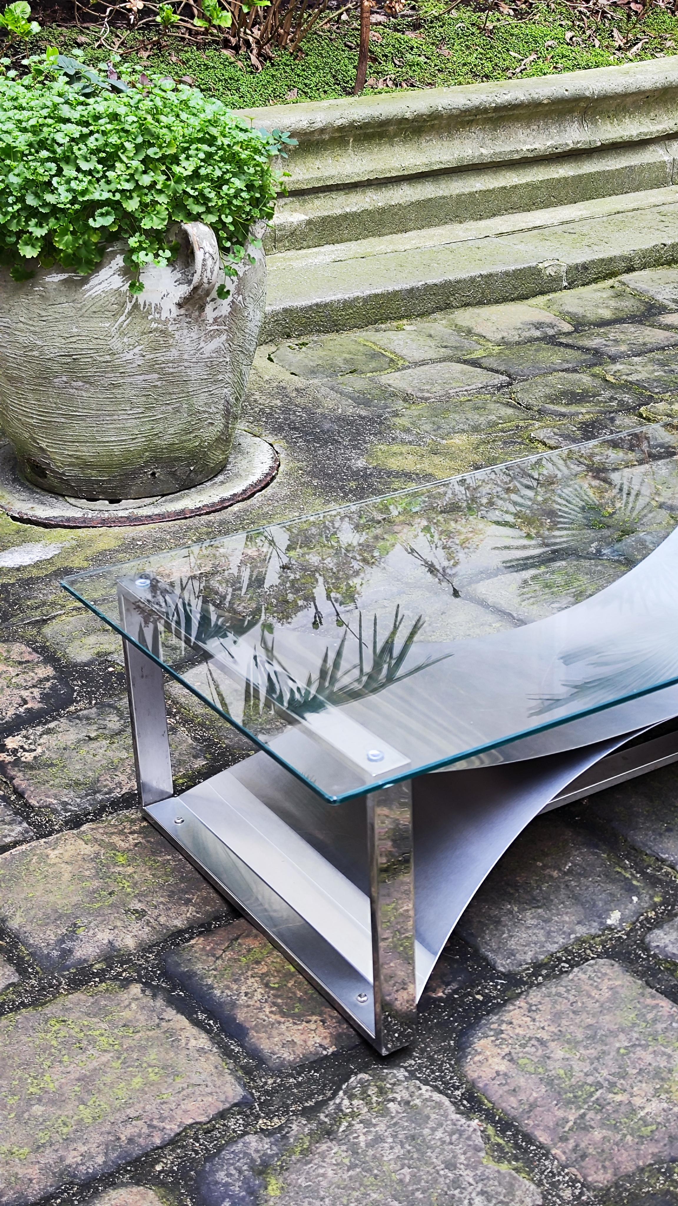 François Monnet brushed steel coffee table with glass top - France - Kappa - 70s For Sale 3