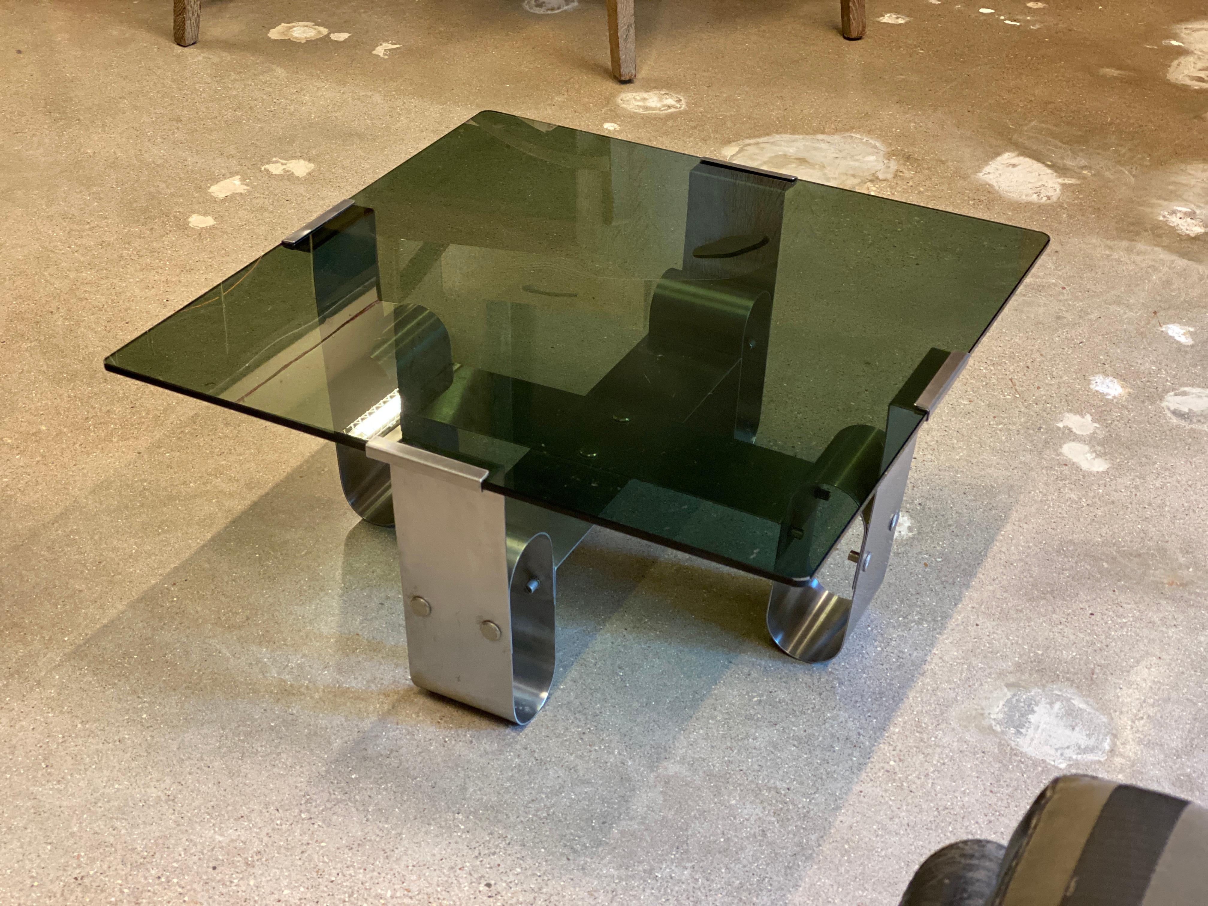 Stainless Steel Francois Monnet Cocktail or Side Table with Smoked Glass, 1970