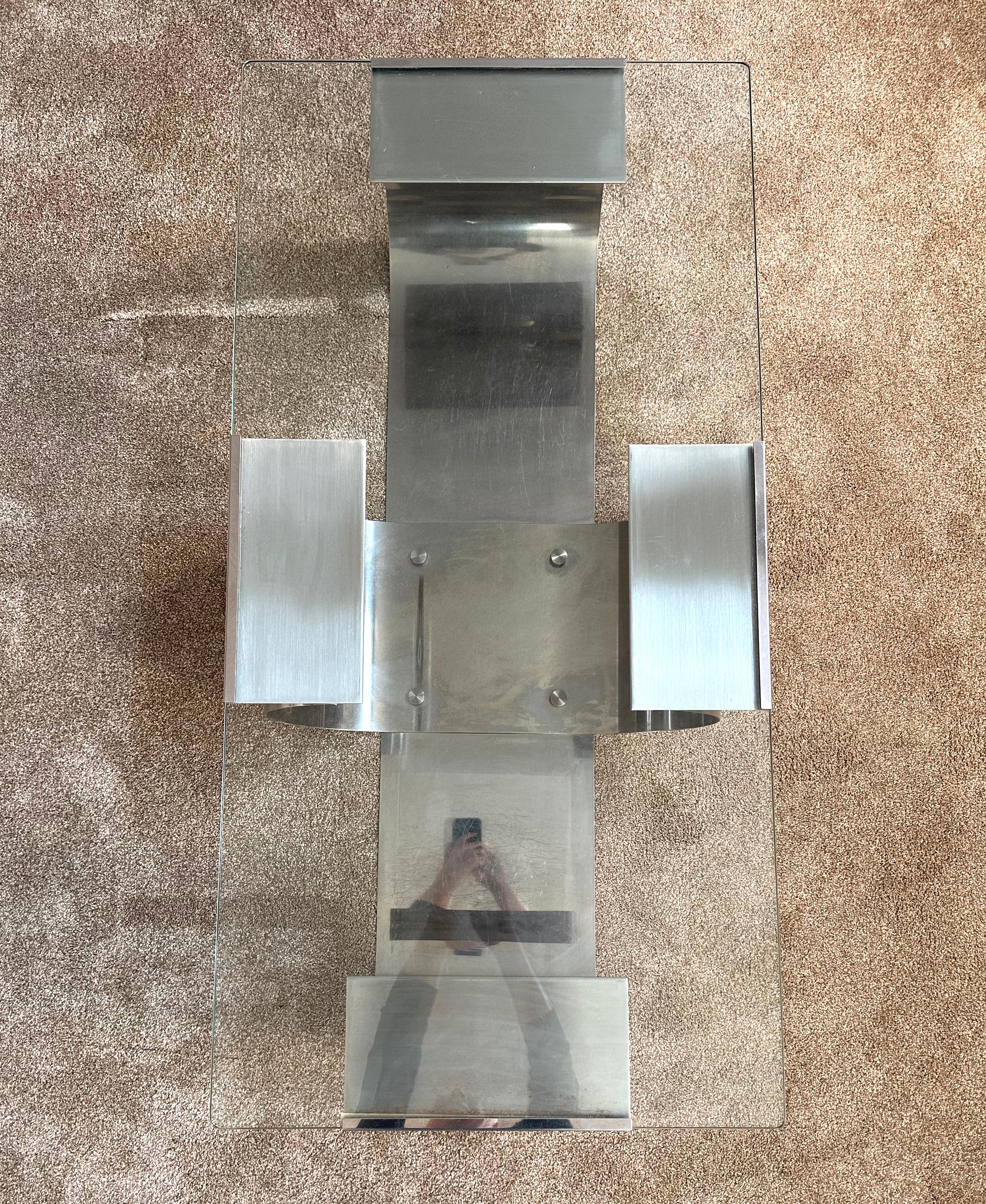 Mid-Century Modern François Monnet Coffee Table for Kappa, Stainless Steel and Glass, 1970s, France For Sale