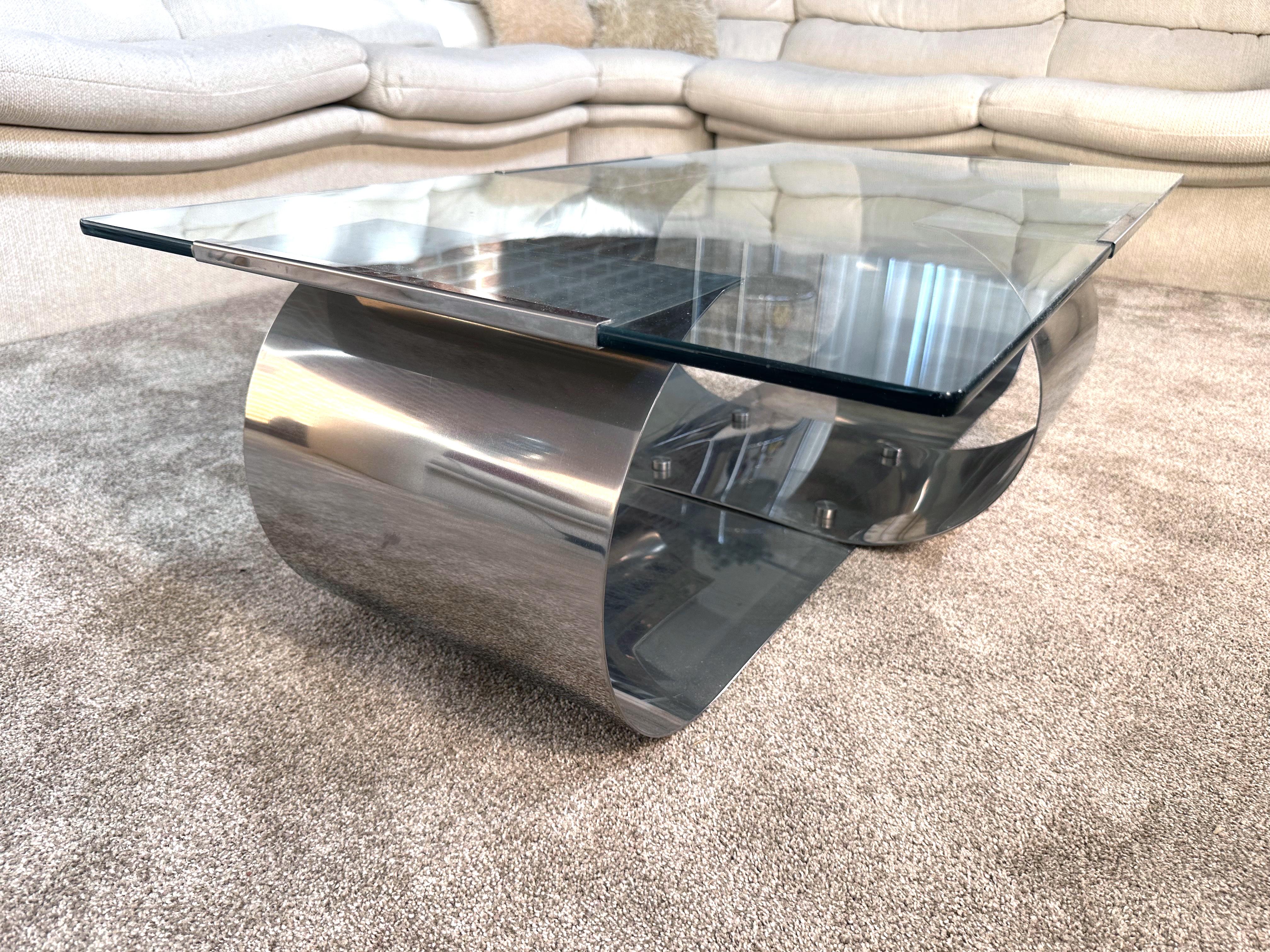 Polished François Monnet Coffee Table for Kappa, Stainless Steel and Glass, 1970s, France For Sale