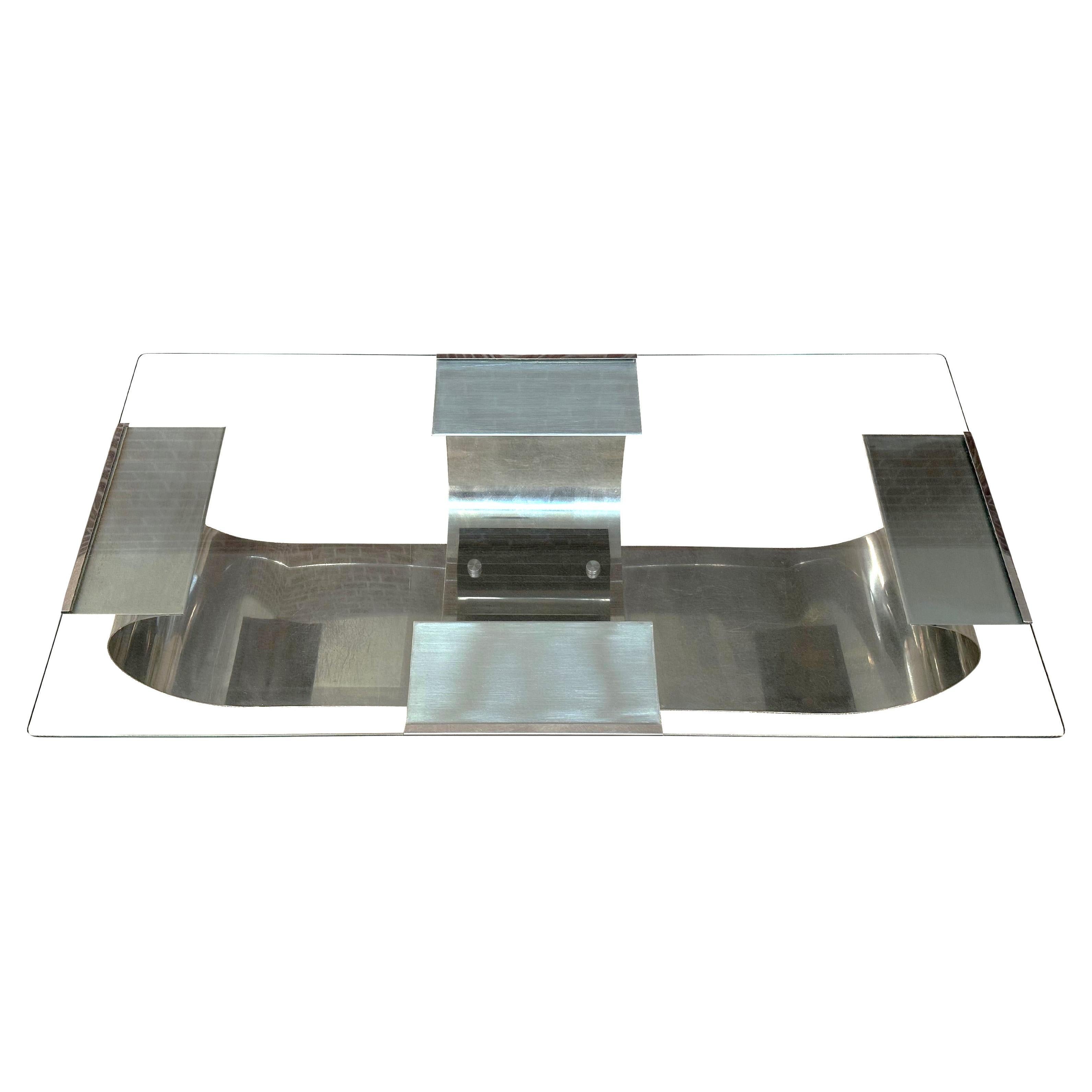 Mesa de centro François Monnet para Kappa, acero inoxidable y cristal, años 70, Francia