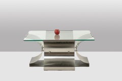 François Monnet, for Kappa. Brushed steel and glass coffee table. 1970