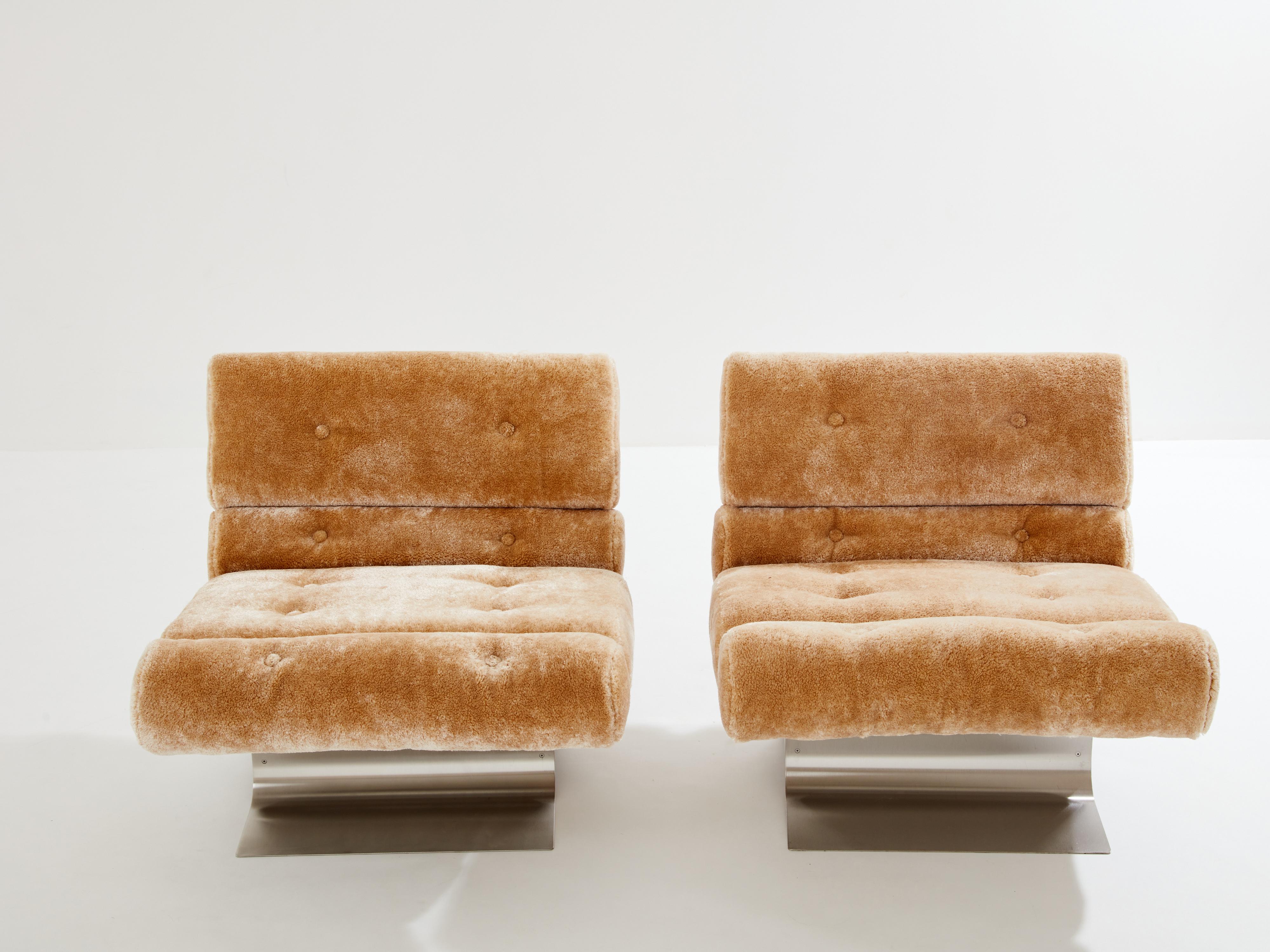 François Monnet for Kappa steel mohair velvet armchairs 1970 4