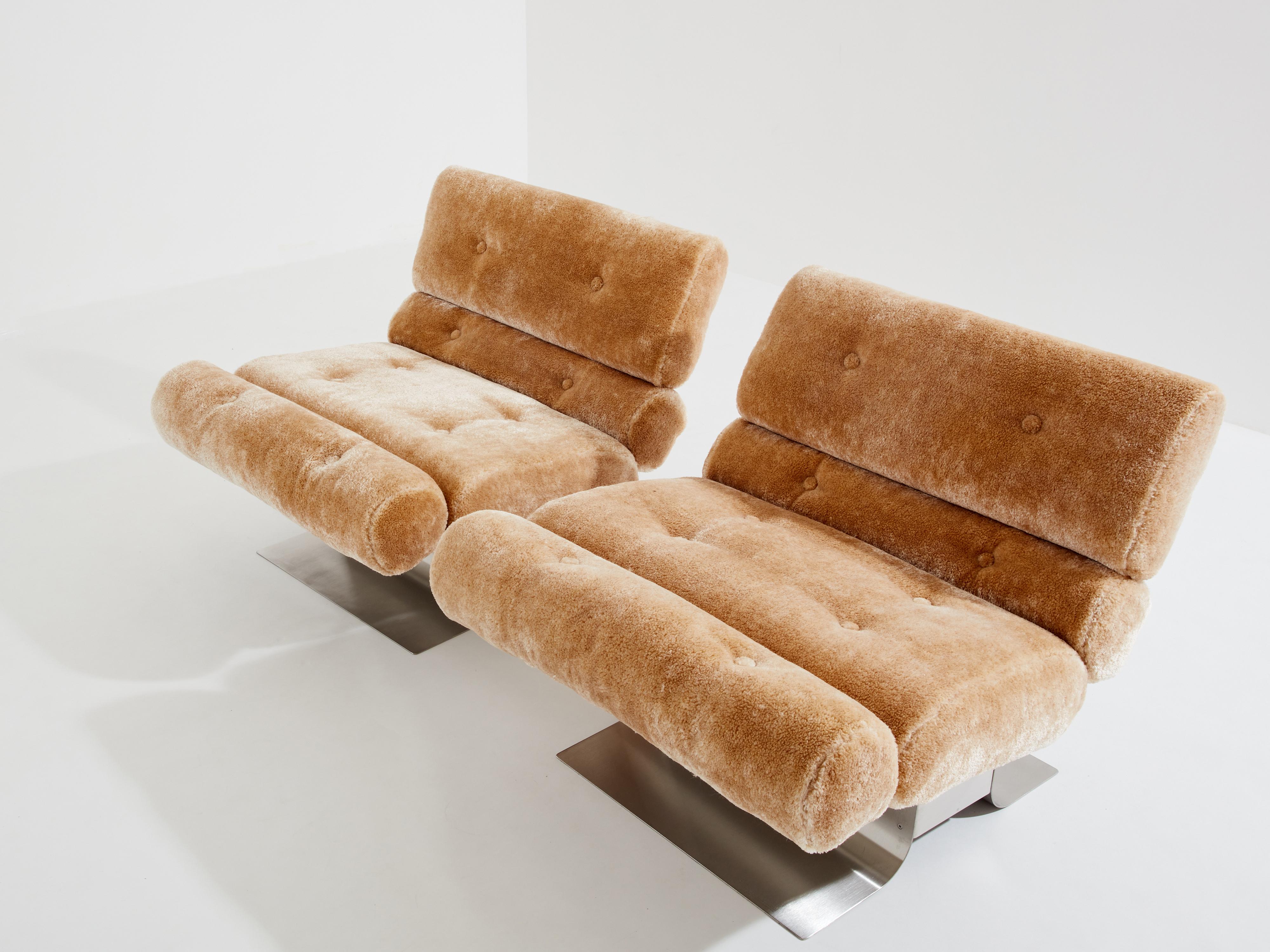 Mid-Century Modern François Monnet for Kappa steel mohair velvet armchairs 1970