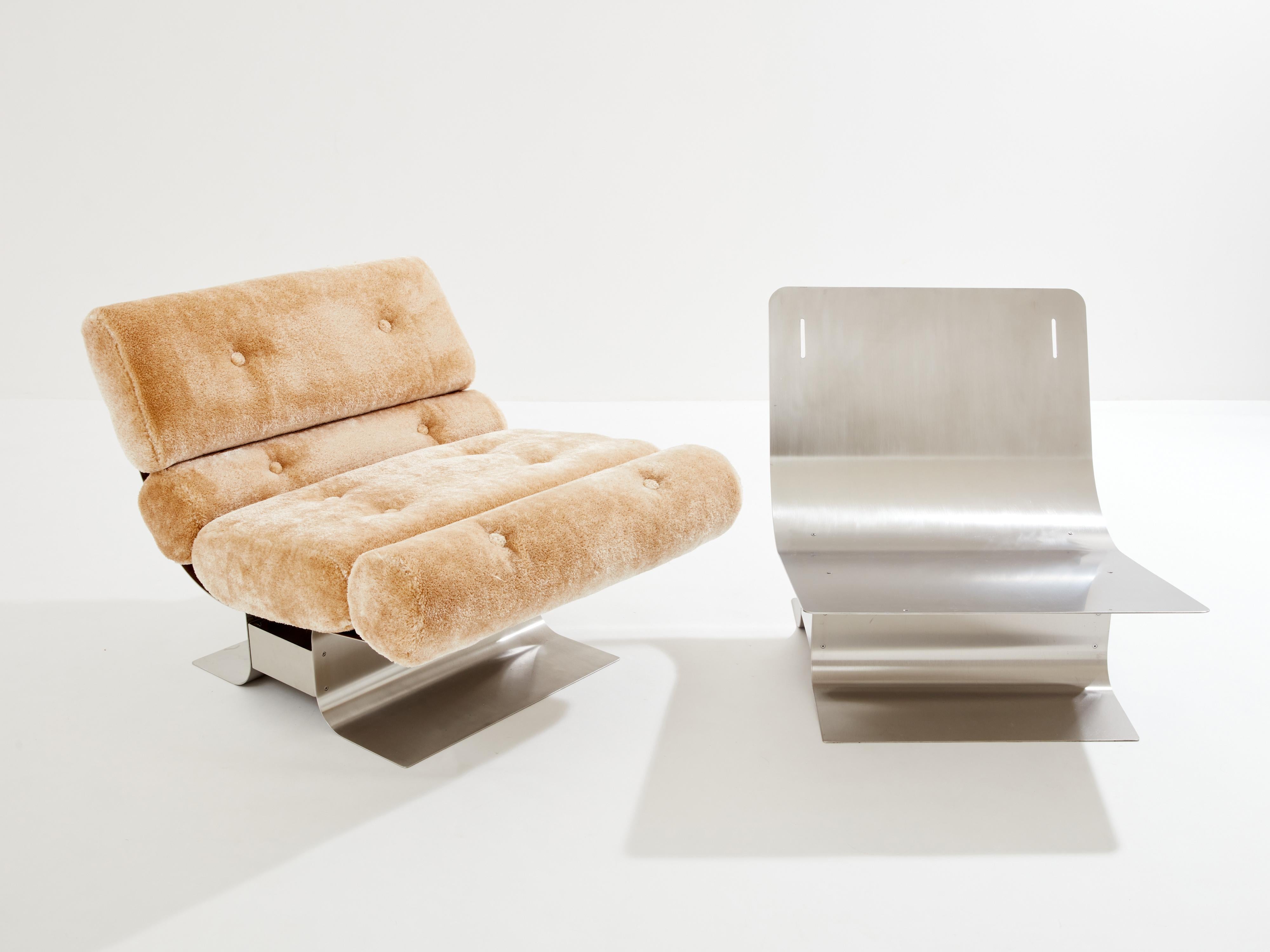 Late 20th Century François Monnet for Kappa steel mohair velvet armchairs 1970