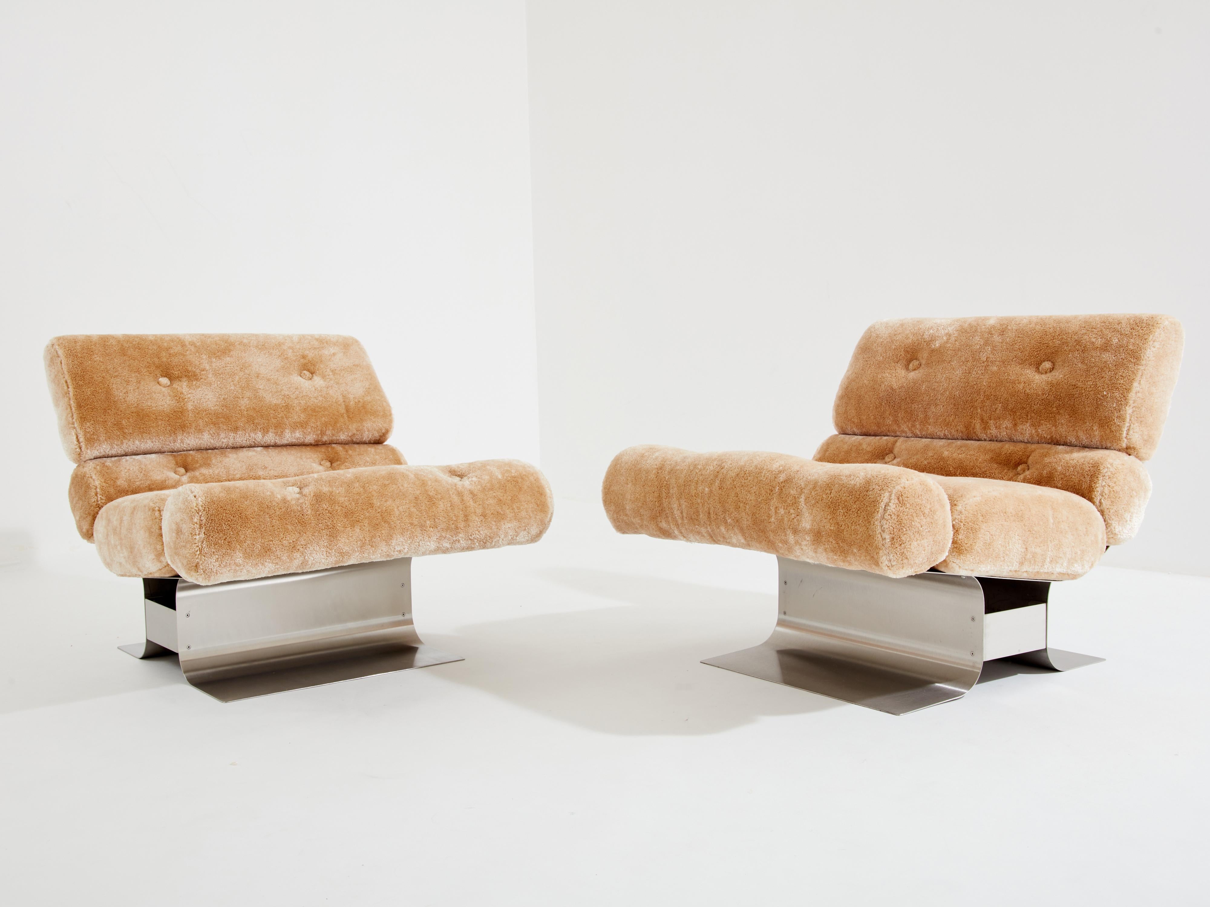 François Monnet for Kappa steel mohair velvet armchairs 1970 1