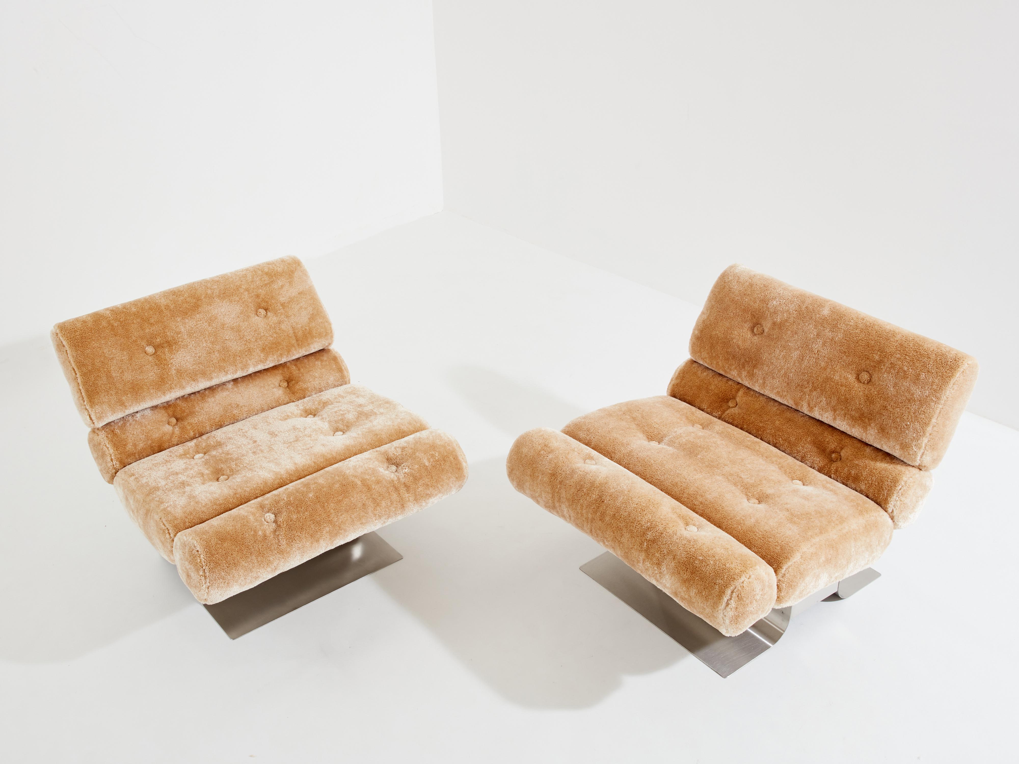 François Monnet for Kappa steel mohair velvet armchairs 1970 2
