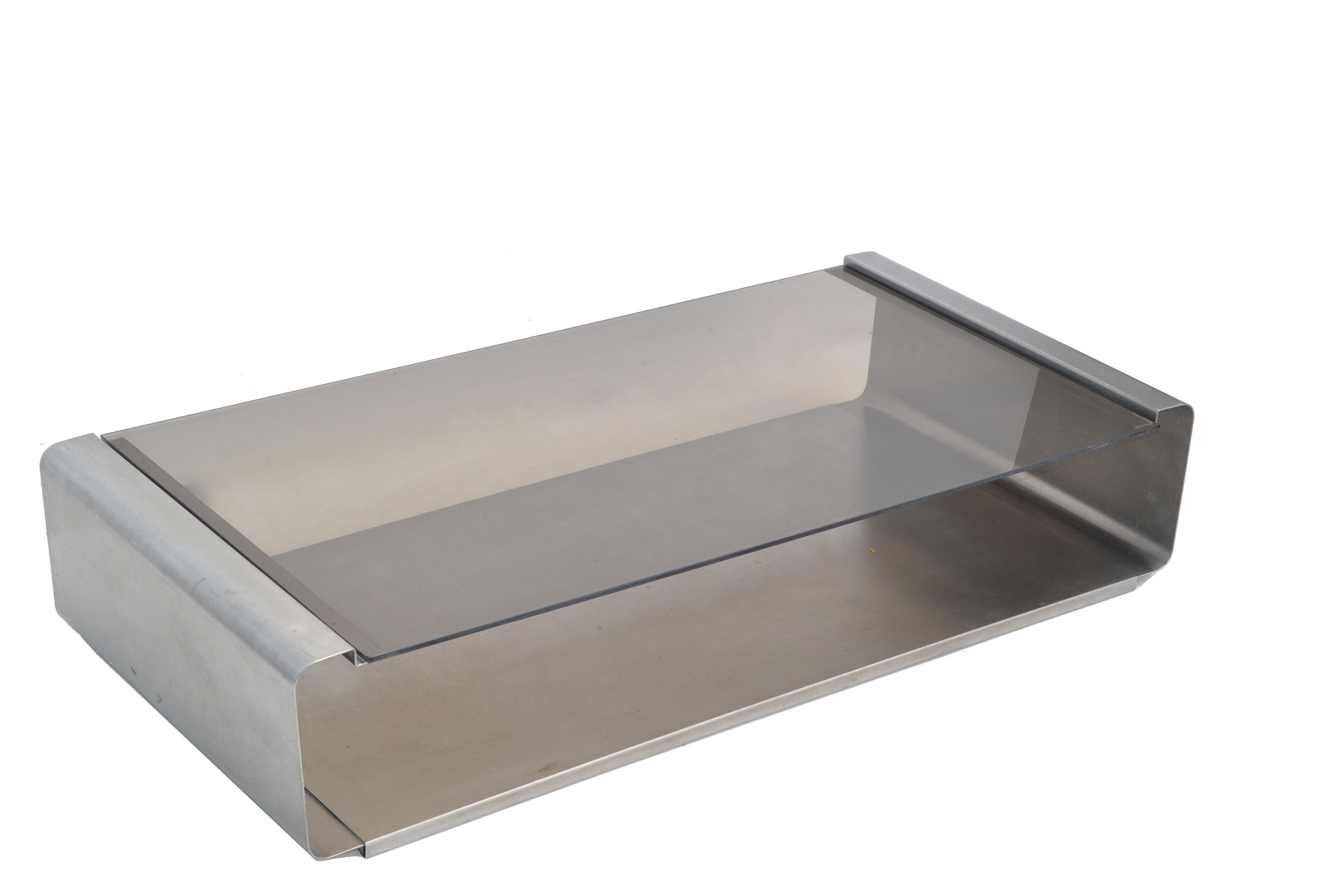 Mid-Century Modern Francois Monnet Coffee Table Smoked Glass and Brushed Steel , pair available  For Sale
